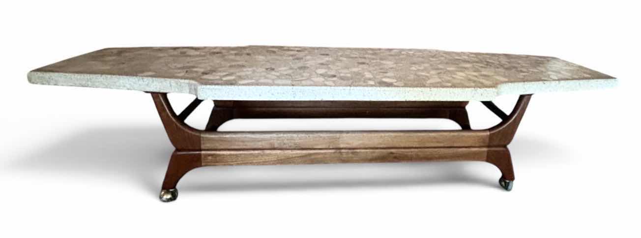 Photo 1 of MID-CENTURY MODERN SURFBOARD-STYLE COFFEE TABLE ATTRIBUTED TO HARVEY PROBBER. 
66 x 20” x H14 1/2” $3800