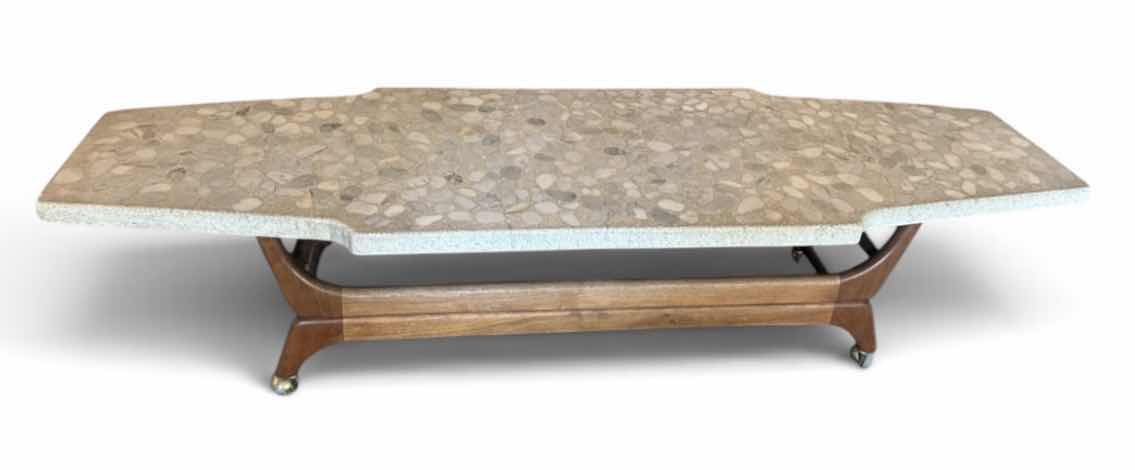 Photo 1 of MID-CENTURY MODERN SURFBOARD-STYLE COFFEE TABLE ATTRIBUTED TO HARVEY PROBBER. 
66 x 20” x H14 1/2” $3800