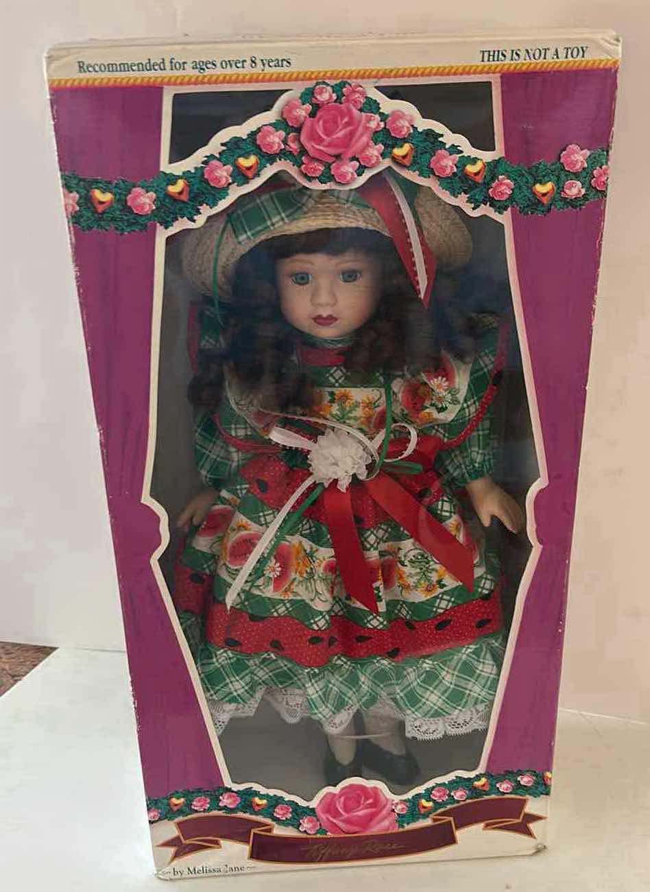 Photo 1 of NIB VINTAGE 1990S BRASS KEY "TIFFANY ROSE" COLLECTION 16”  PORCELAIN DOLL BY MELISSA JANE.