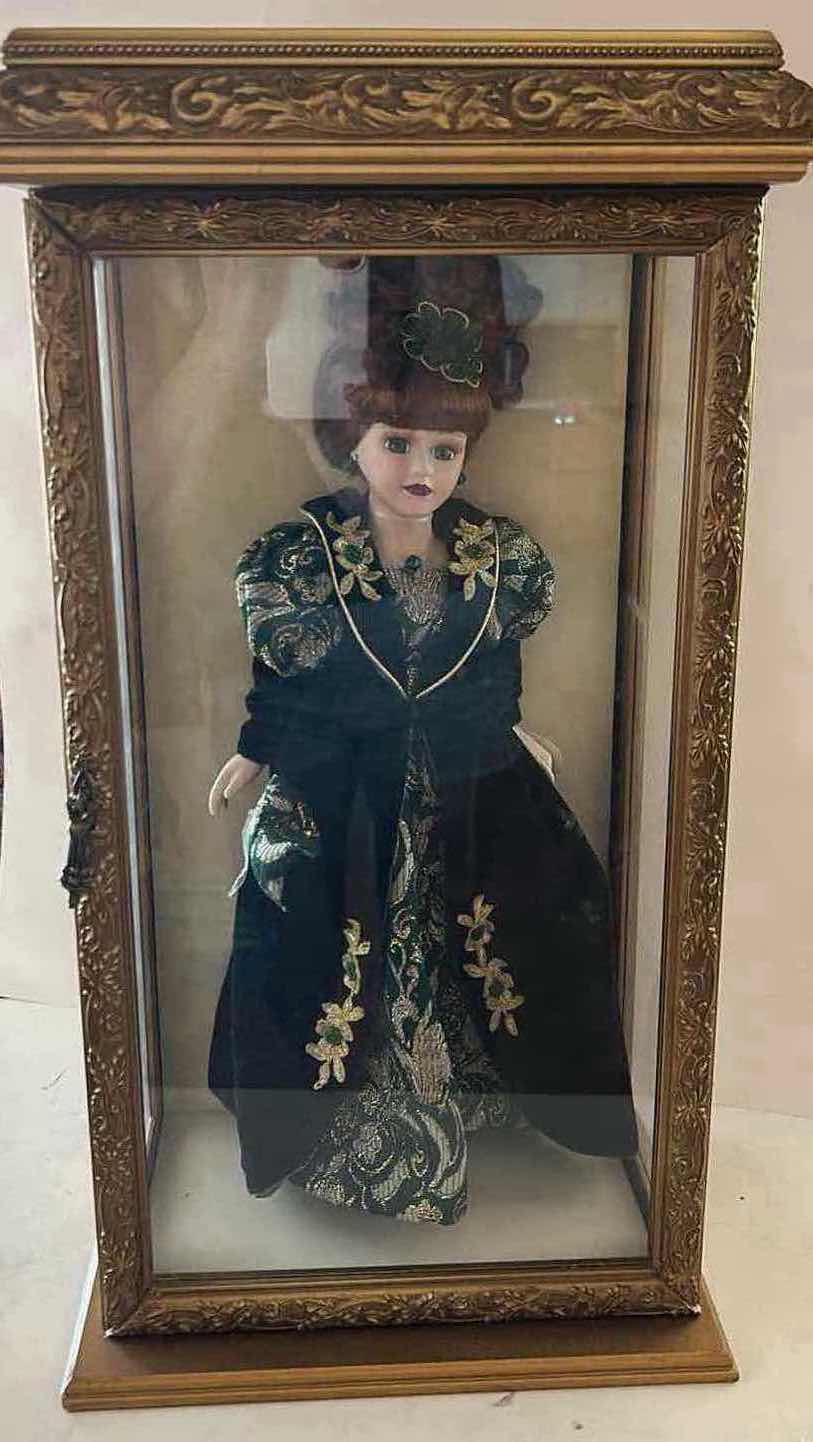 View 1 of 2000 CAMELLIA GARDEN COLLECTION 16”  PORCELAIN DOLL WITH SWAROVSKI CRYSTAL JEWELRY IN GOLD GLASS DISPLAY CASE. $150