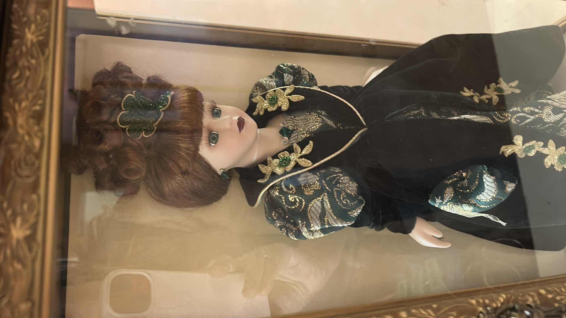 View 2 of 2000 CAMELLIA GARDEN COLLECTION 16”  PORCELAIN DOLL WITH SWAROVSKI CRYSTAL JEWELRY IN GOLD GLASS DISPLAY CASE. $150