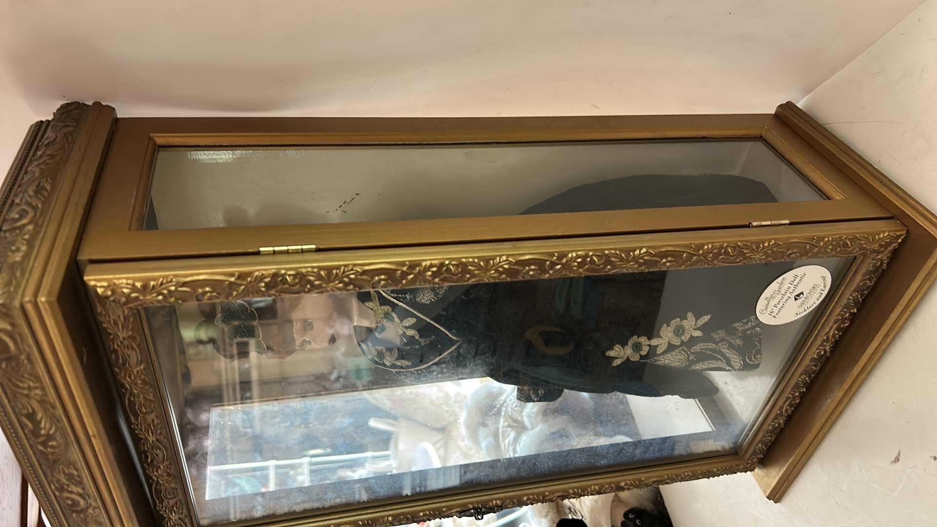Photo 1 of NIB 2000 CAMELLIA GARDEN COLLECTION 16”  PORCELAIN DOLL WITH SWAROVSKI CRYSTAL JEWELRY IN GOLD GLASS DISPLAY CASE.