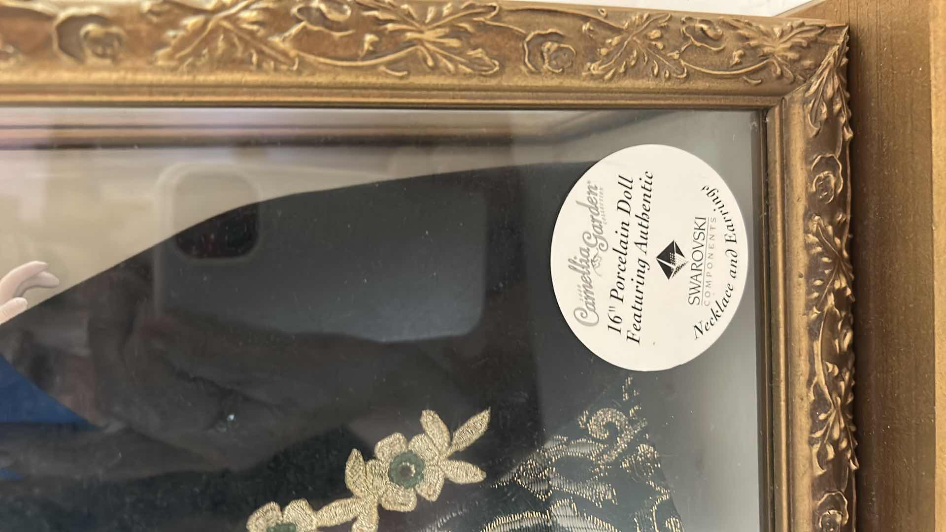 Photo 1 of NIB 2000 CAMELLIA GARDEN COLLECTION 16”  PORCELAIN DOLL WITH SWAROVSKI CRYSTAL JEWELRY IN GOLD GLASS DISPLAY CASE.