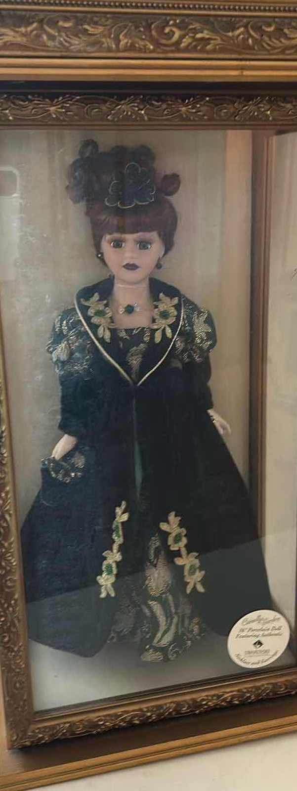 Photo 1 of NIB 2000 CAMELLIA GARDEN COLLECTION 16”  PORCELAIN DOLL WITH SWAROVSKI CRYSTAL JEWELRY IN GOLD GLASS DISPLAY CASE.