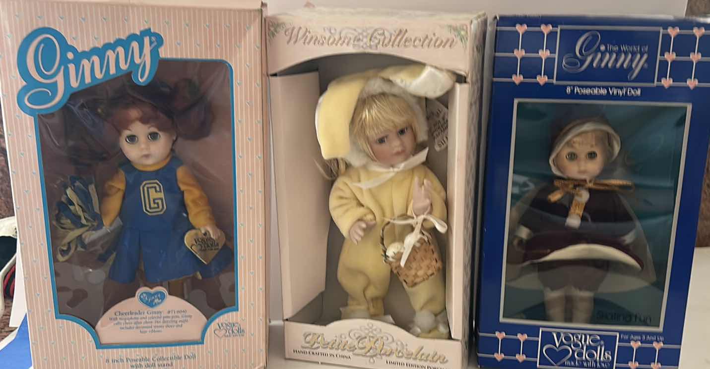 View 1 of 3 NIB 8” DOLLS - VOGUE GINNY CHEERLEADER DOLL, "PETITE PORCELAINS"  BUNNY BABY DOLL & VOGUE "THE WORLD OF GINNY" VINYL DOLL.
