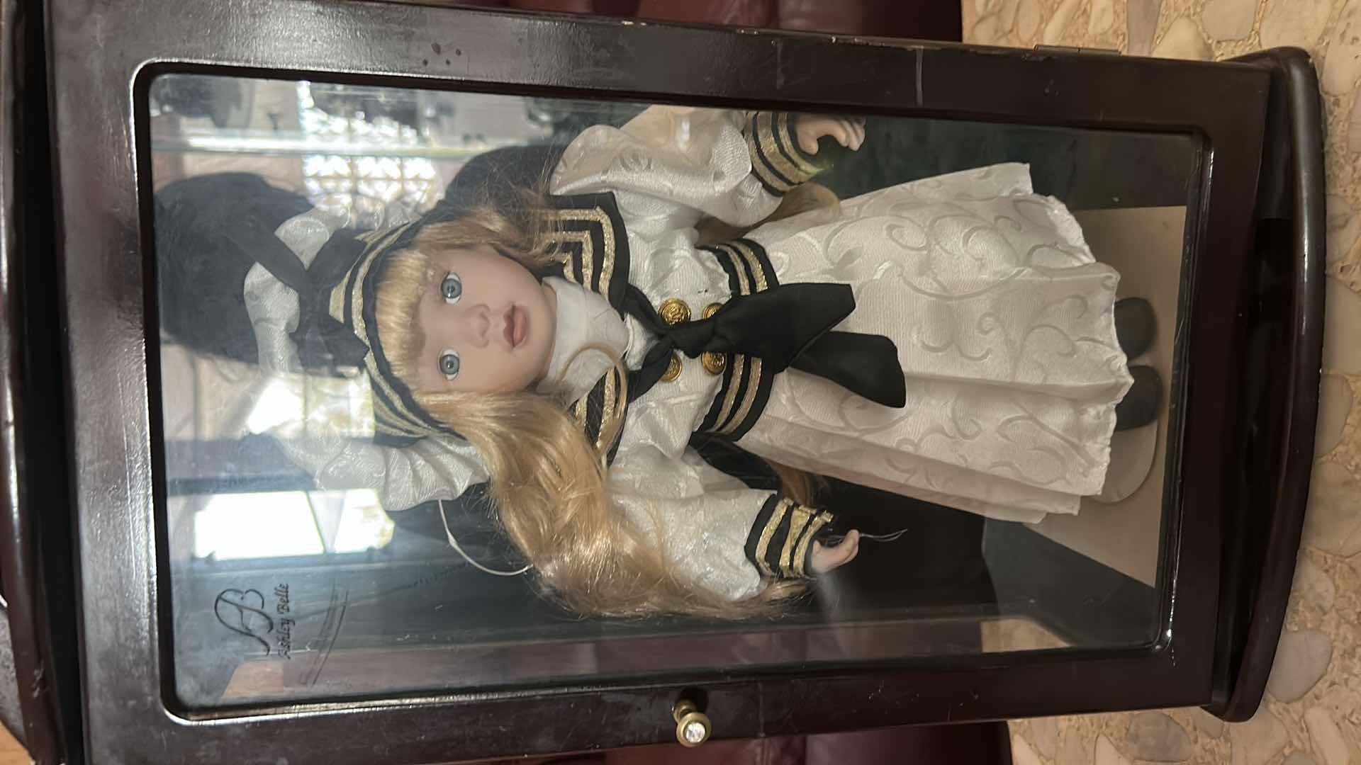Photo 1 of VINTAGE ASHLEY BELLE COLLECTION VICTORIAN PORCELAIN DOLL H16” W WOOD & GLASS DISPLAY CASE CABINET.