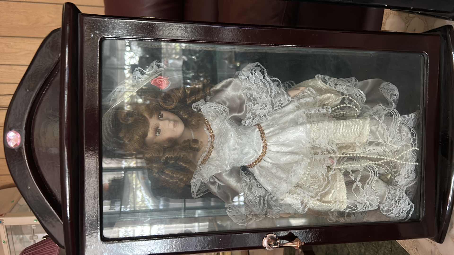 Photo 1 of VINTAGE ASHLEY BELLE COLLECTION VICTORIAN PORCELAIN DOLL DARK WOOD/ GLASS DISPLAY CABINET H16”