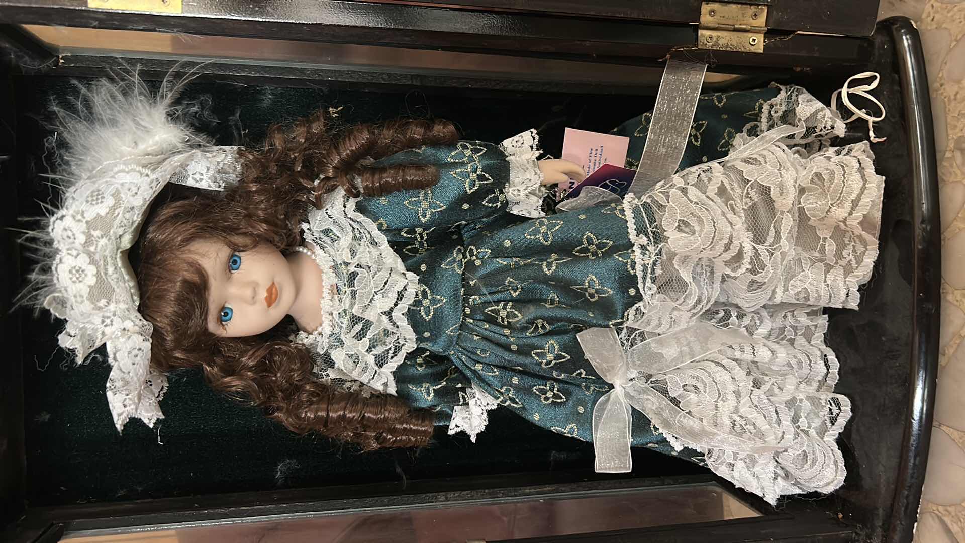 Photo 1 of VINTAGE ASHLEY BELLE COLLECTION VICTORIAN PORCELAIN DOLL H16” W WOOD & GLASS DISPLAY CASE CABINET.