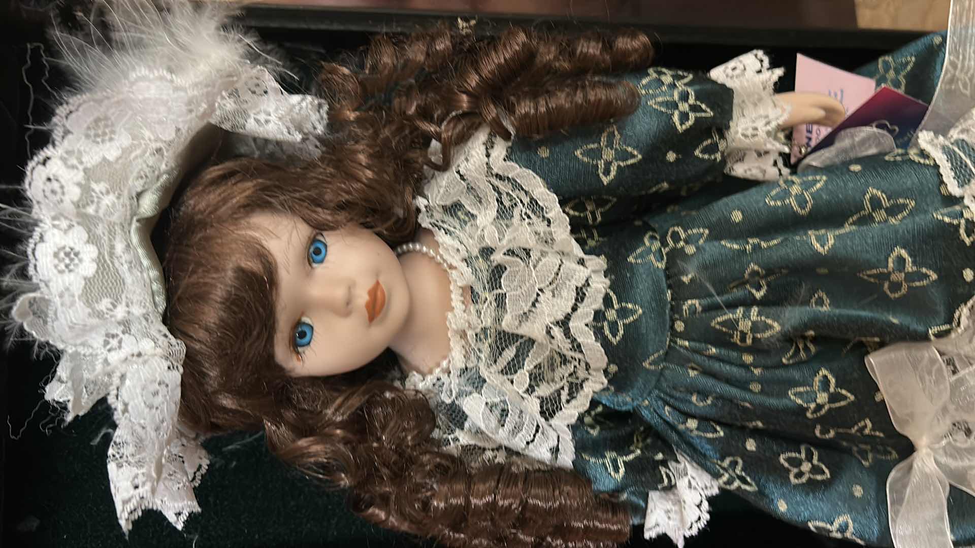 Photo 1 of VINTAGE ASHLEY BELLE COLLECTION VICTORIAN PORCELAIN DOLL H16” W WOOD & GLASS DISPLAY CASE CABINET.