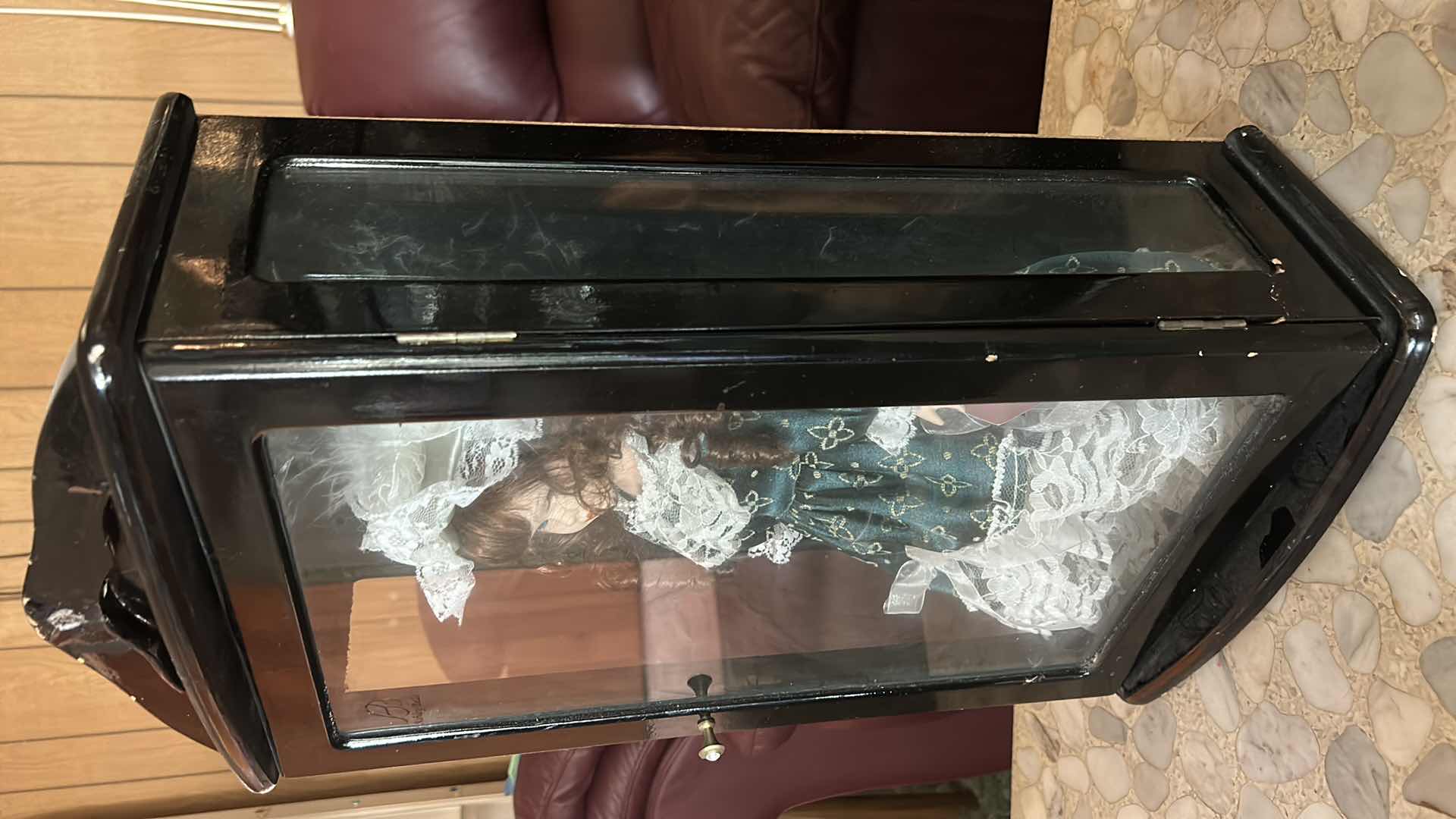 Photo 1 of VINTAGE ASHLEY BELLE COLLECTION VICTORIAN PORCELAIN DOLL H16” W WOOD & GLASS DISPLAY CASE CABINET.