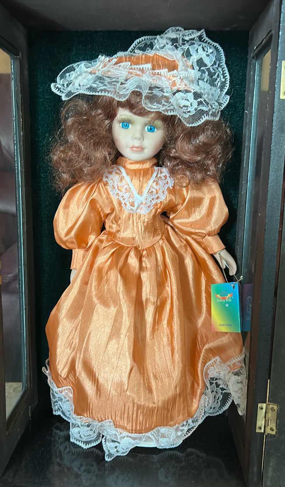 Photo 1 of VINTAGE ASHLEY BELLE COLLECTION VICTORIAN PORCELAIN DOLL H16” INSIDE A CUSTOM MERCHANDISE DARK WOOD AND GLASS DISPLAY CASE CABINET