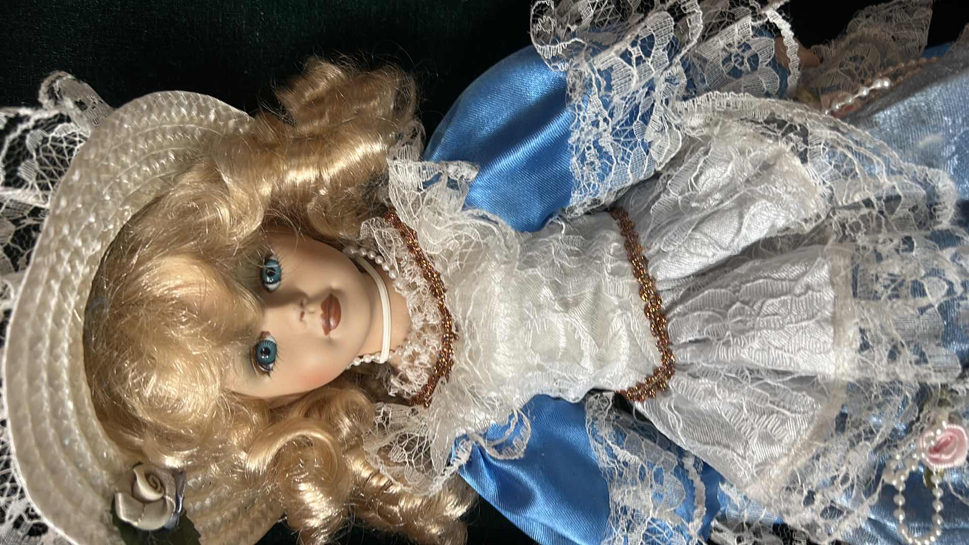 Photo 1 of VINTAGE ASHLEY BELLE COLLECTION VICTORIAN PORCELAIN DOLL H16” INSIDE A CUSTOM MERCHANDISE DARK WOOD AND GLASS DISPLAY CASE CABINET. $120