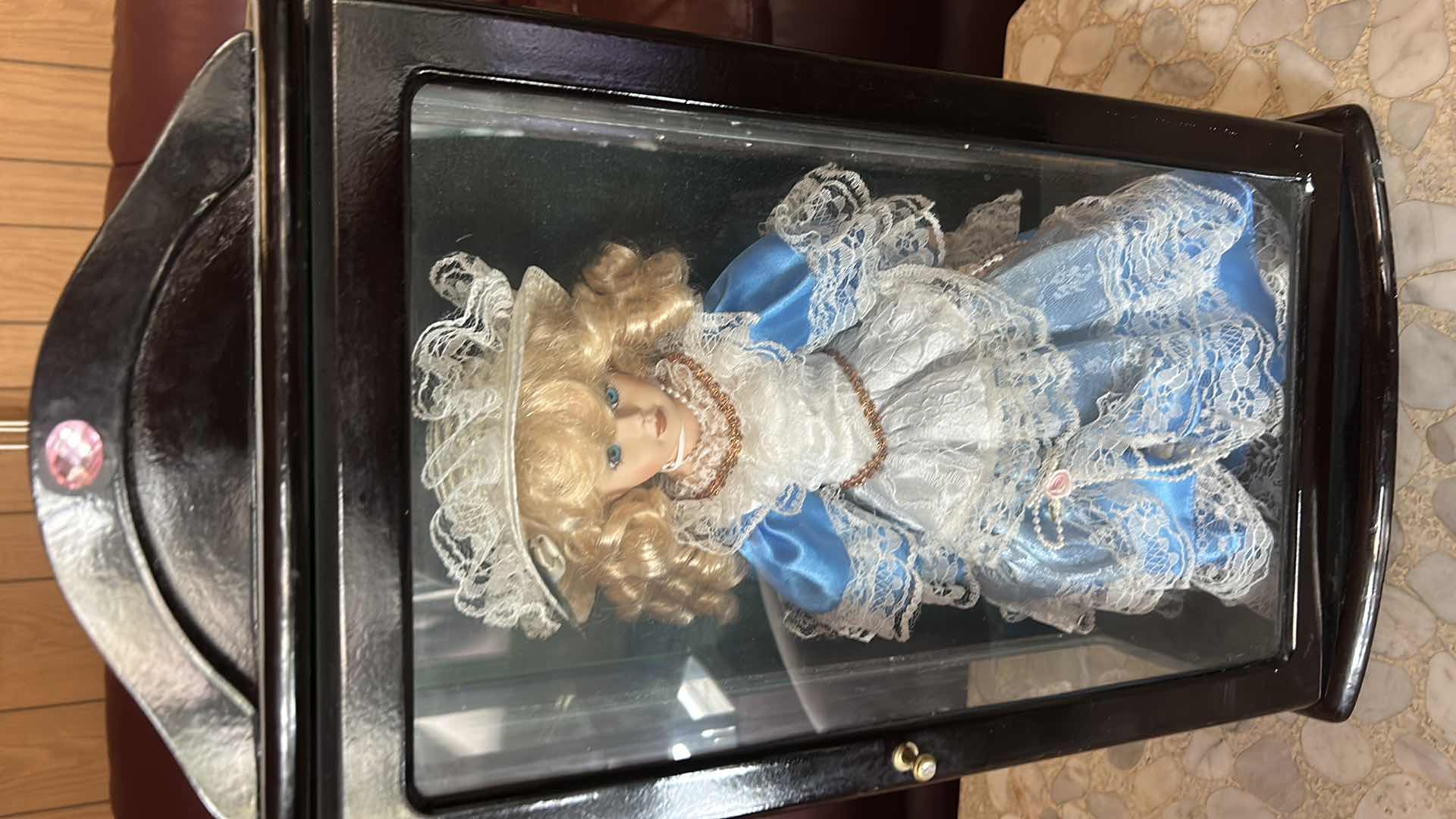Photo 1 of VINTAGE ASHLEY BELLE COLLECTION VICTORIAN PORCELAIN DOLL H16” INSIDE A CUSTOM MERCHANDISE DARK WOOD AND GLASS DISPLAY CASE CABINET. $120