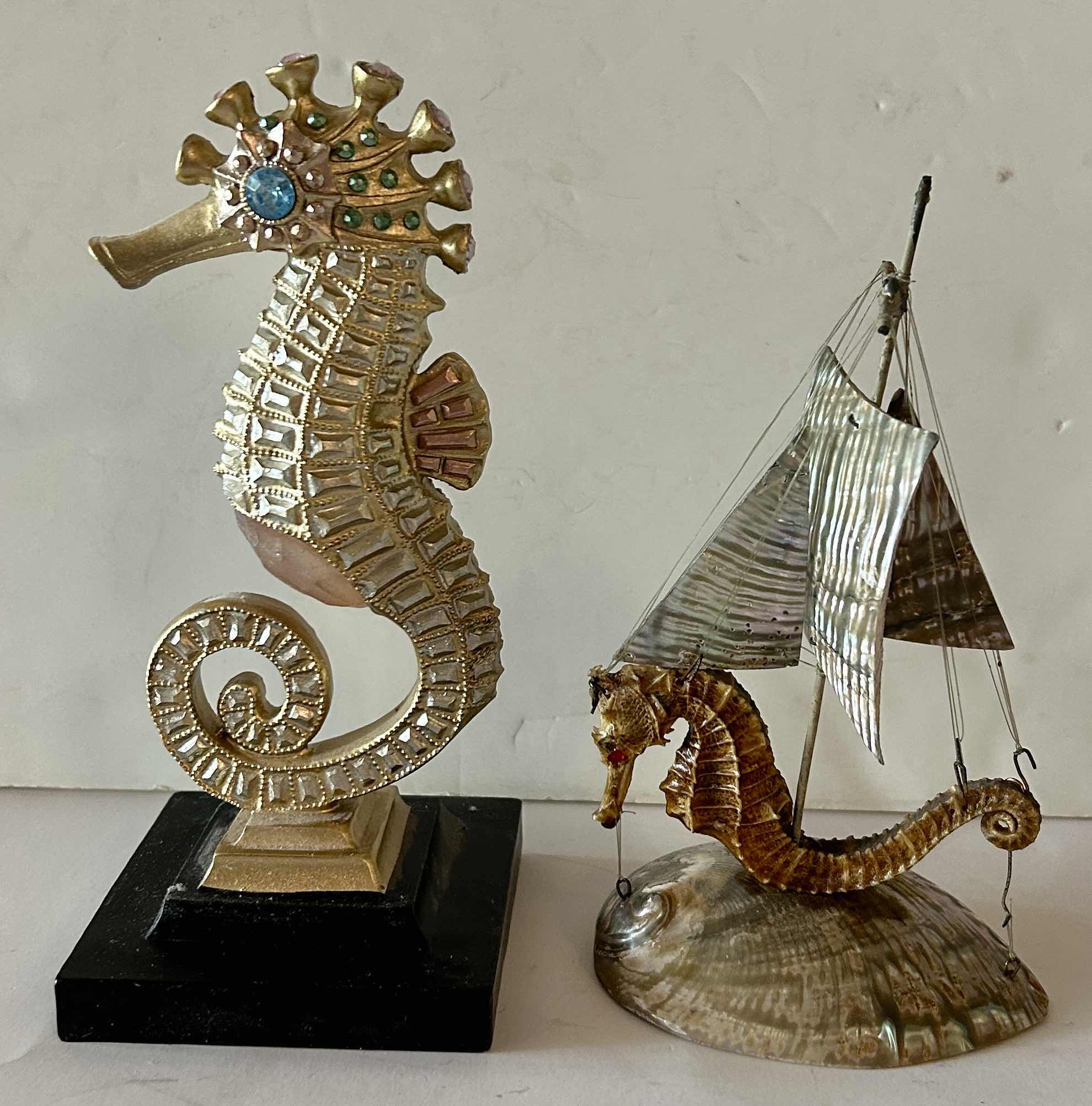 Photo 1 of 2-GOLDEN SEAHORSE STATUES W JEWELS (TALLEST H8”)