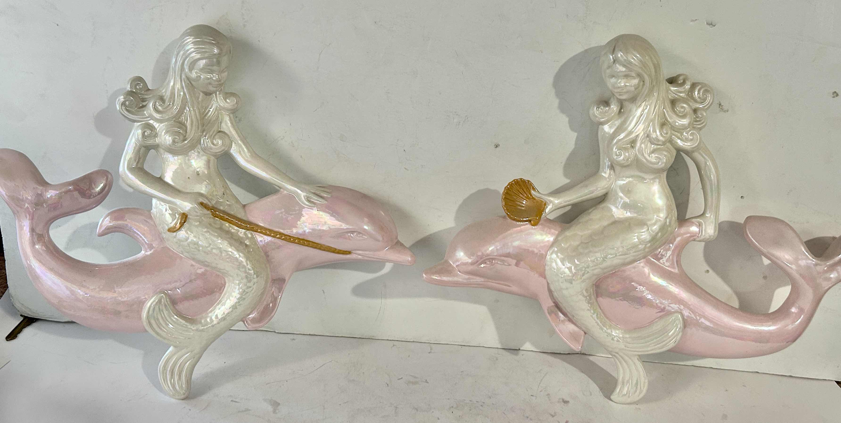 Photo 1 of 2- ATLANTIC MOLD IRIDESCENT MERMAIDS RIDING DOLPHINS WALL PLAQUES H 11” $100.
