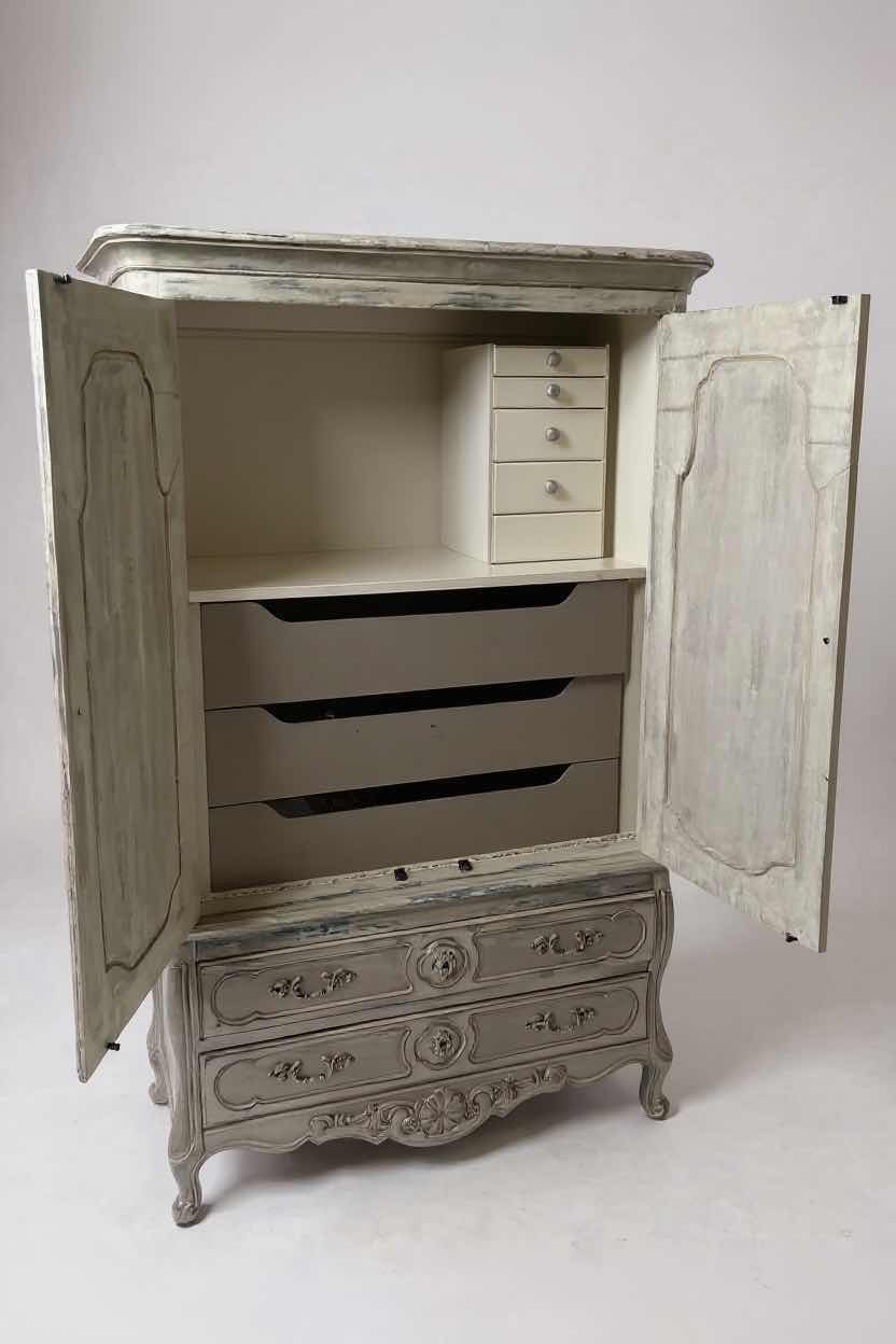 Photo 1 of THOMASVILLE GRAY DISTRESSED ANTIQUE FRENCH LOUIS XV ARMOIRE 39" X 19" H 68"