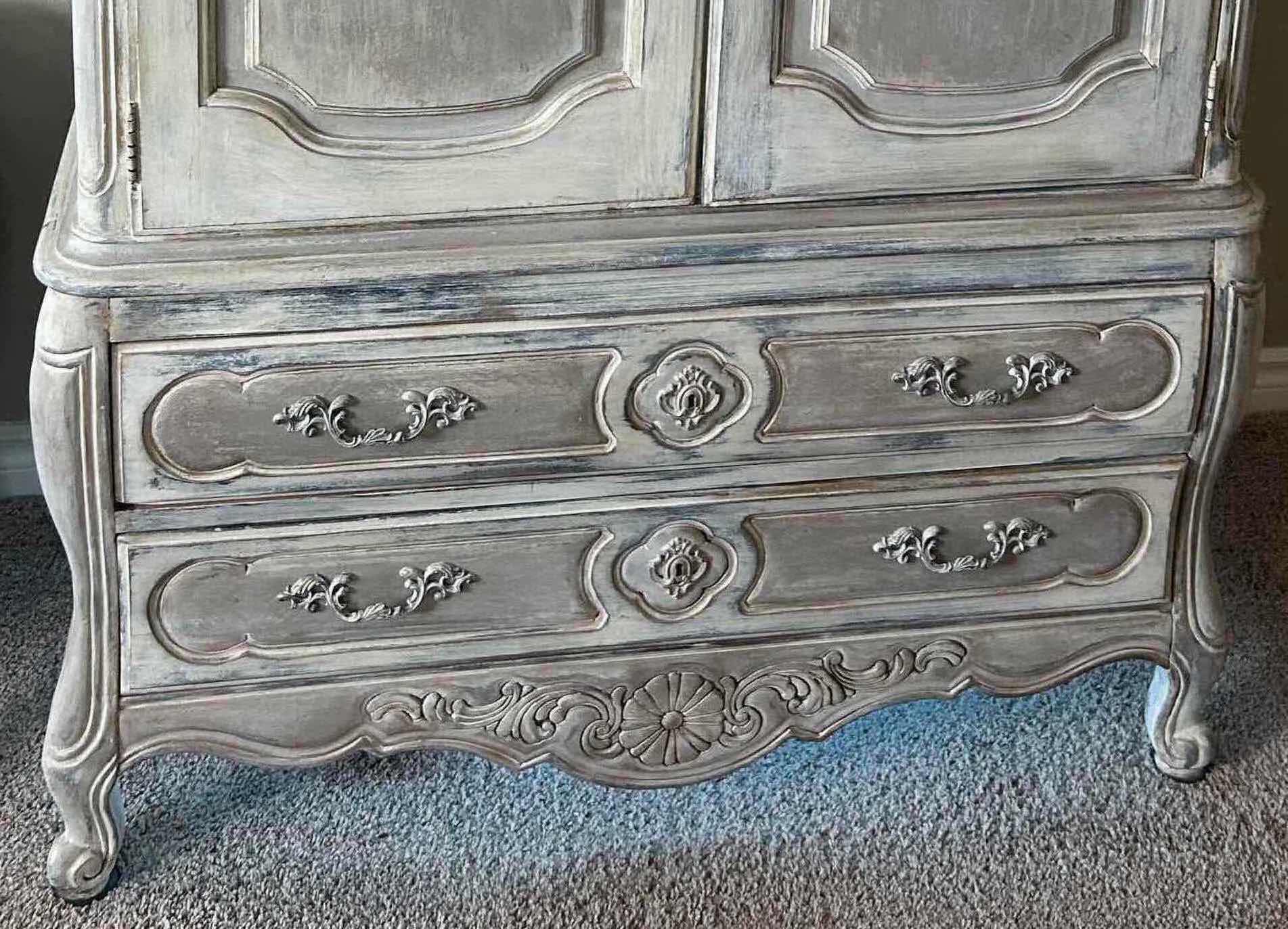 Photo 1 of THOMASVILLE GRAY DISTRESSED ANTIQUE FRENCH LOUIS XV ARMOIRE 39" X 19" H 68"