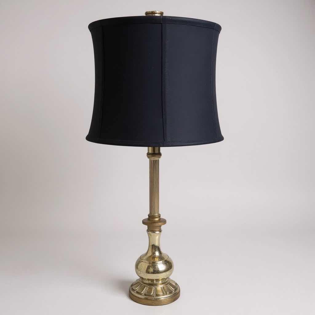 Photo 1 of TRADITIONAL STYLE RESIN /METAL TABLE LAMP W DARK BLUE FLARED DRUM SHADE H 30"