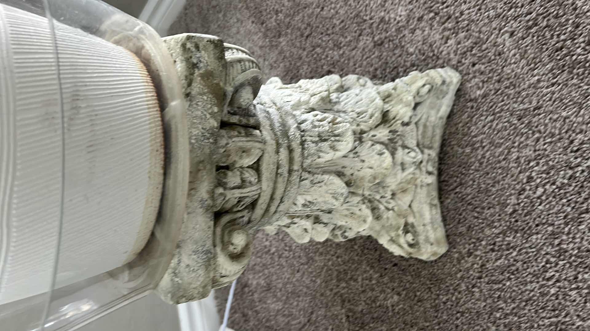 Photo 1 of LIVE SWISS CHEESE PLANT IN WHITE CONTAINER ON RESIN CORINTHIAN PEDESTAL H 56"