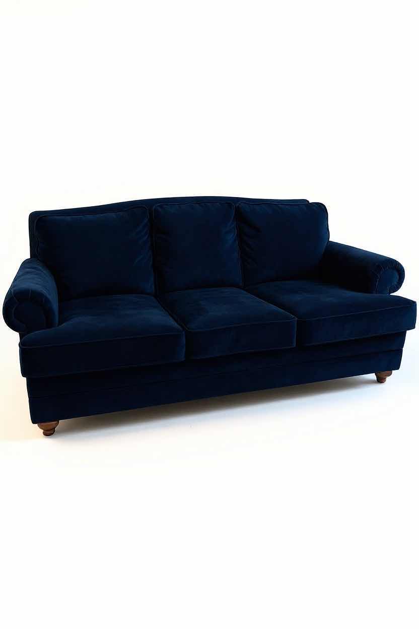 Photo 1 of 7’ LA-Z-BOY NAVY BLUE SOFT VELOUR SOFA