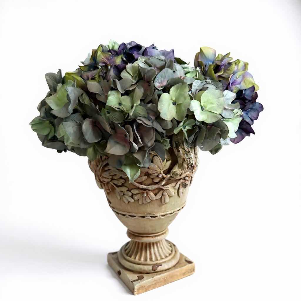 Photo 1 of CERAMIC FLORAL VASE W BOUQUET OF FAUX HYDRANGEAS H16”