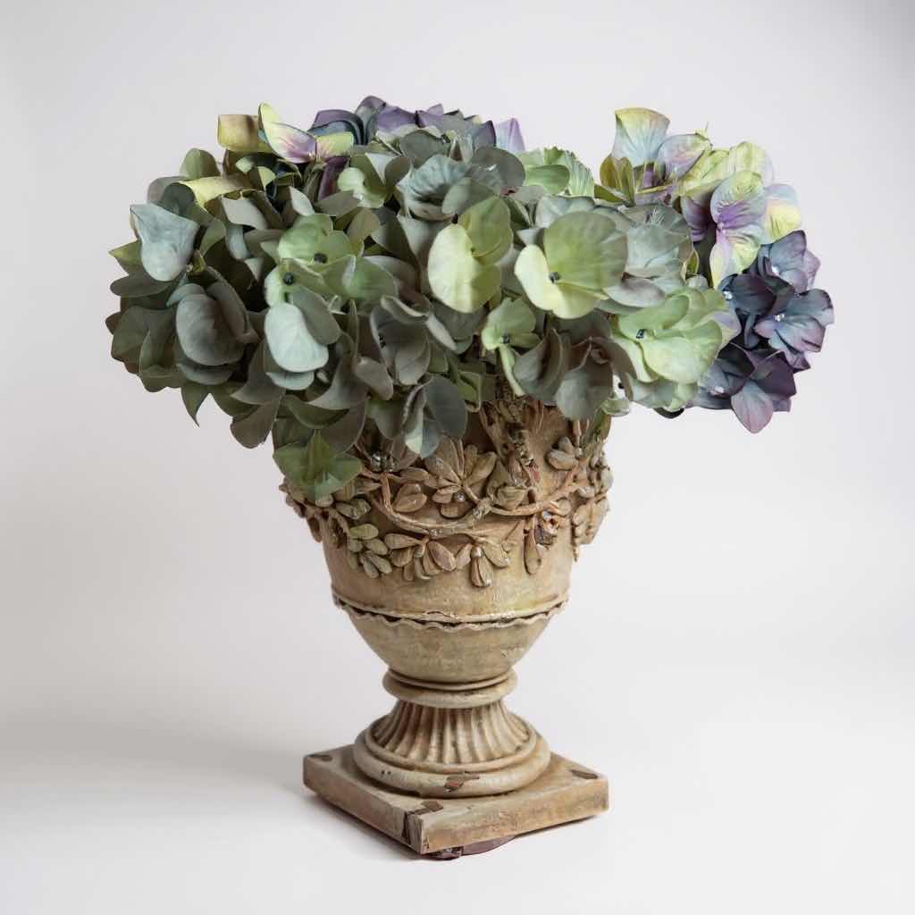 Photo 1 of CERAMIC FLORAL VASE W BOUQUET OF FAUX HYDRANGEAS H16”