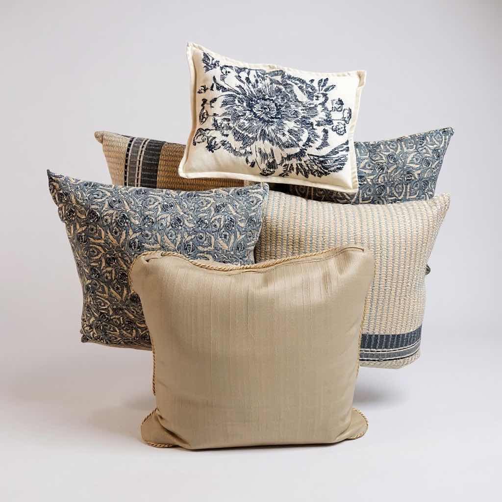 Photo 1 of 6-ACCENT PILLOWS W BLUE ,WHITE, BEIGE FABRIC PRINT