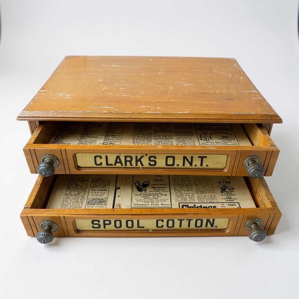Photo 1 of ANTIQUE CLARK THREAD COMPANY O.N.T. SPOOL CABINET 22”x15” H8”