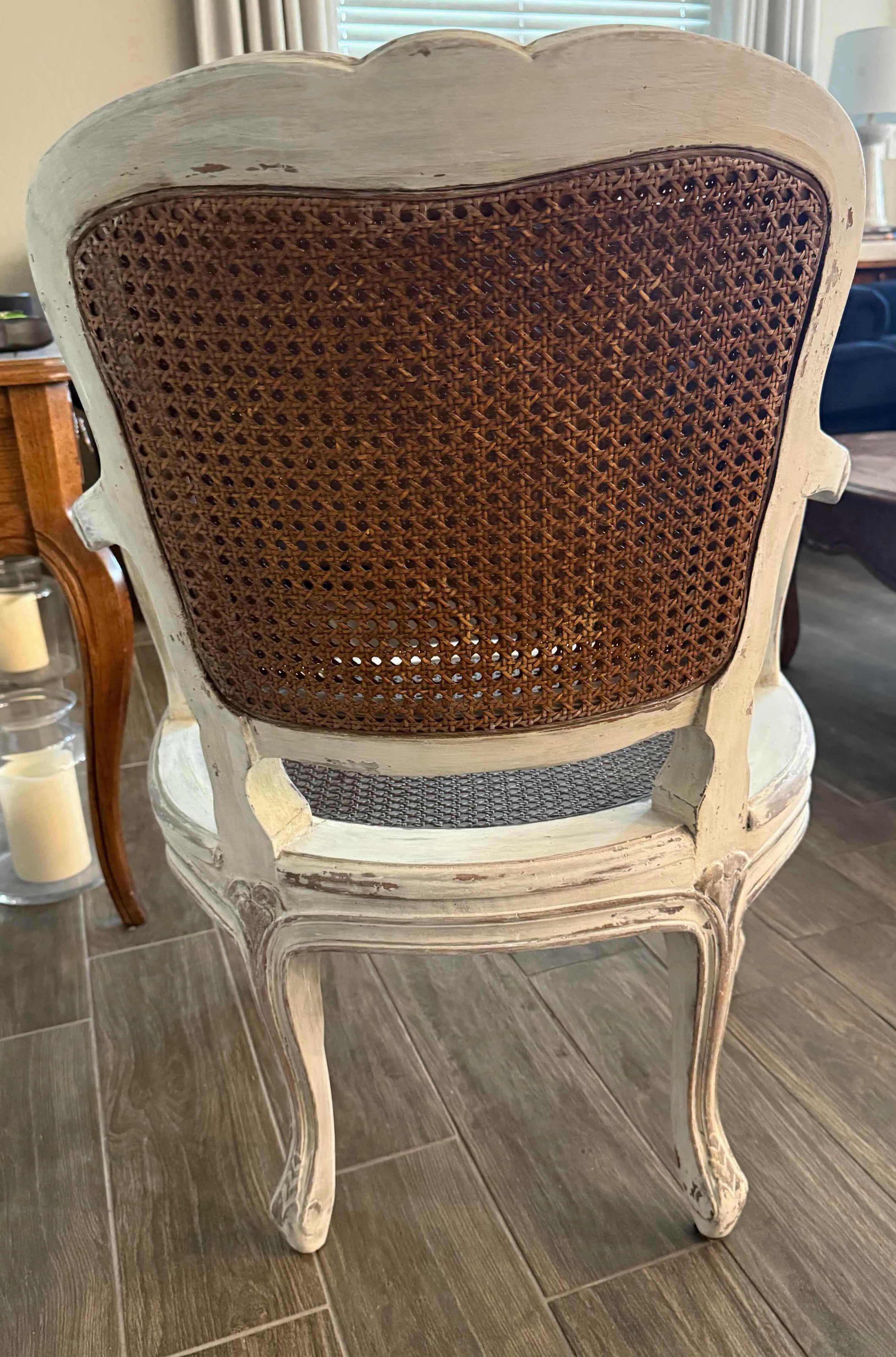 Photo 1 of ANTIQUE WHITE WASHED PAINTED WOOD FRENCH CANE ARM CHAIR