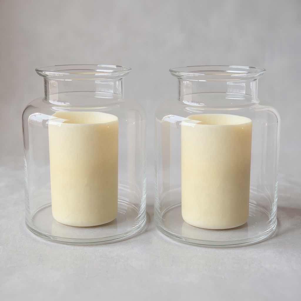 Photo 1 of 2-8” ROUND GLASS JARS W CANDLES H10”