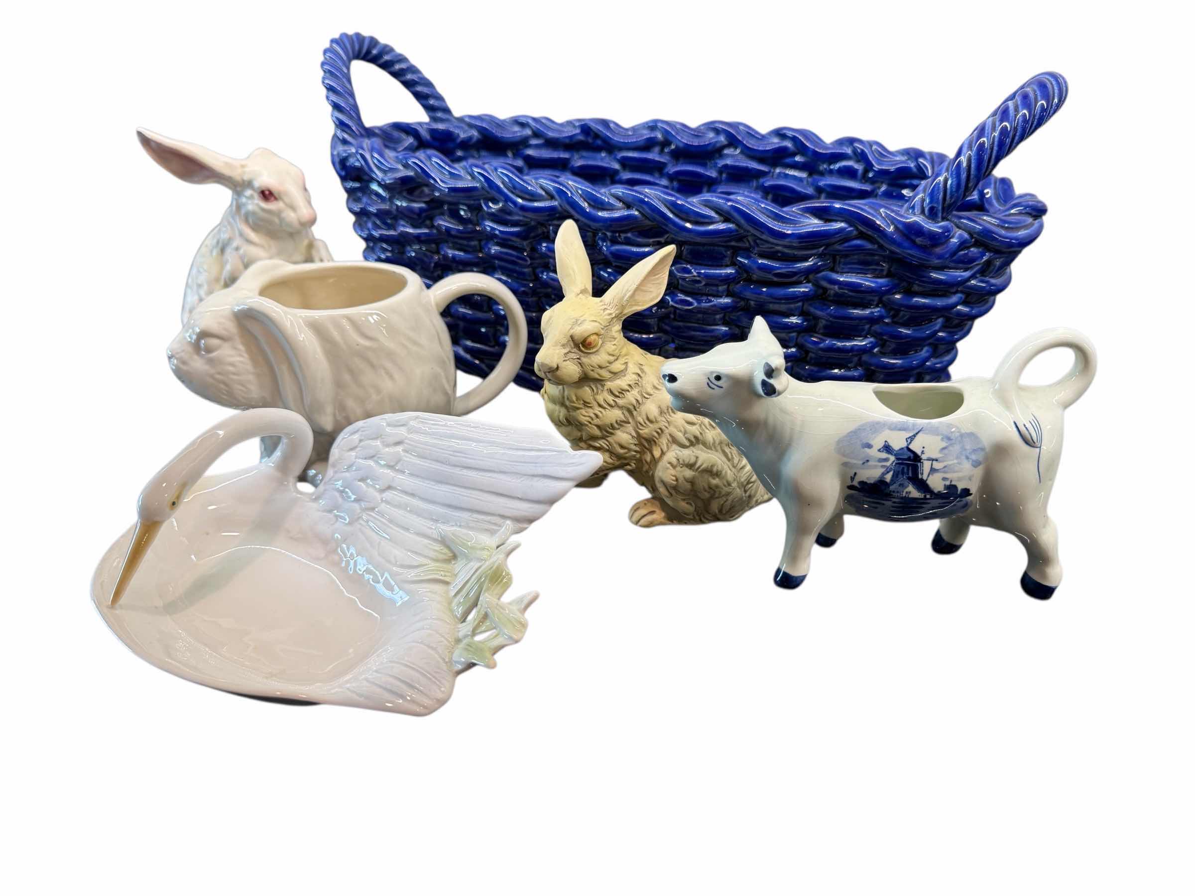 Photo 1 of 5-COLLECTIBLE CERAMIC ANIMAL FIGURINES, BLUE CERAMIC WEAVE BASKET