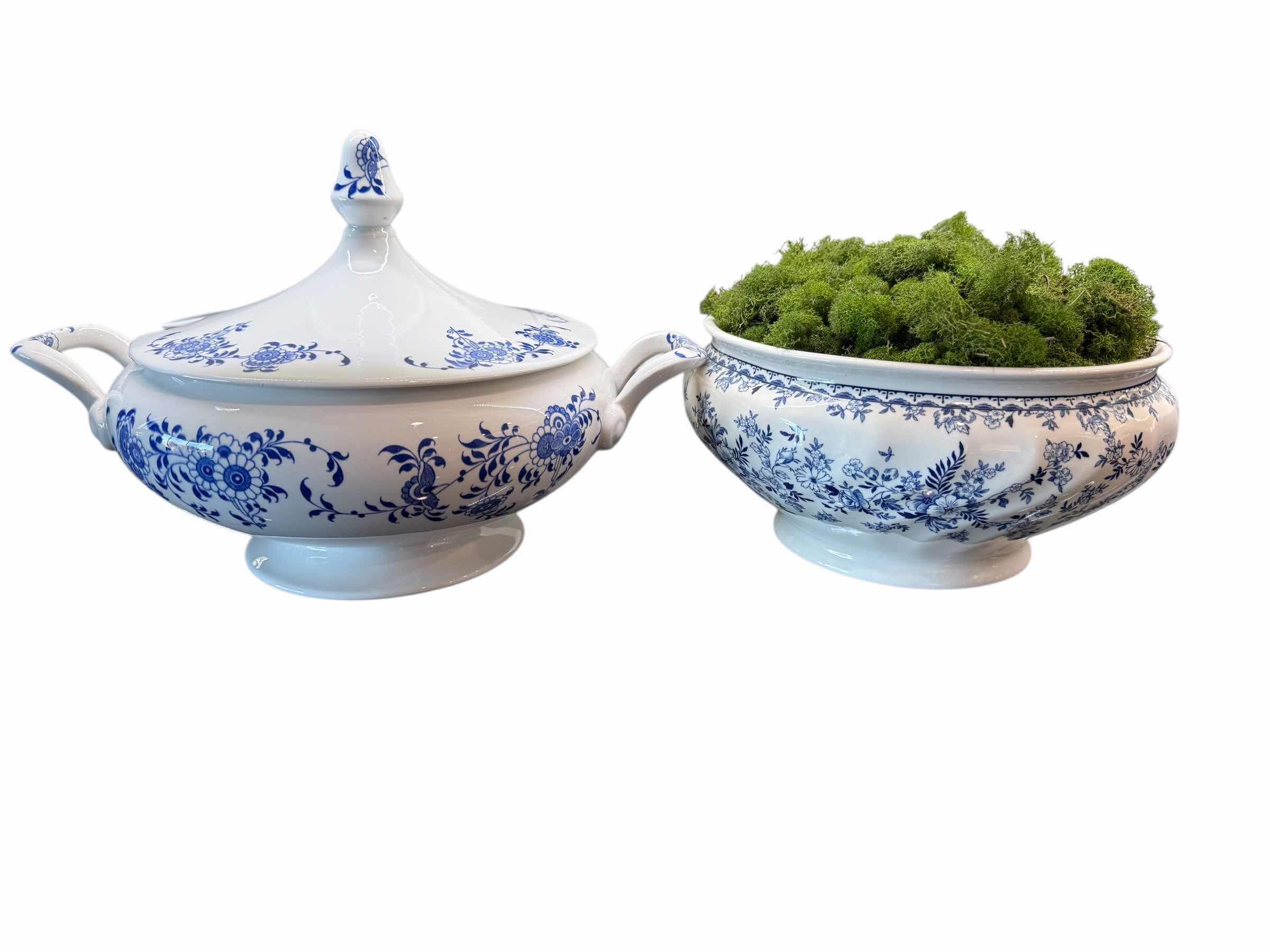 Photo 1 of BLUE & WHITE SOUP TUREEN, BOWL W GREEN MOSS