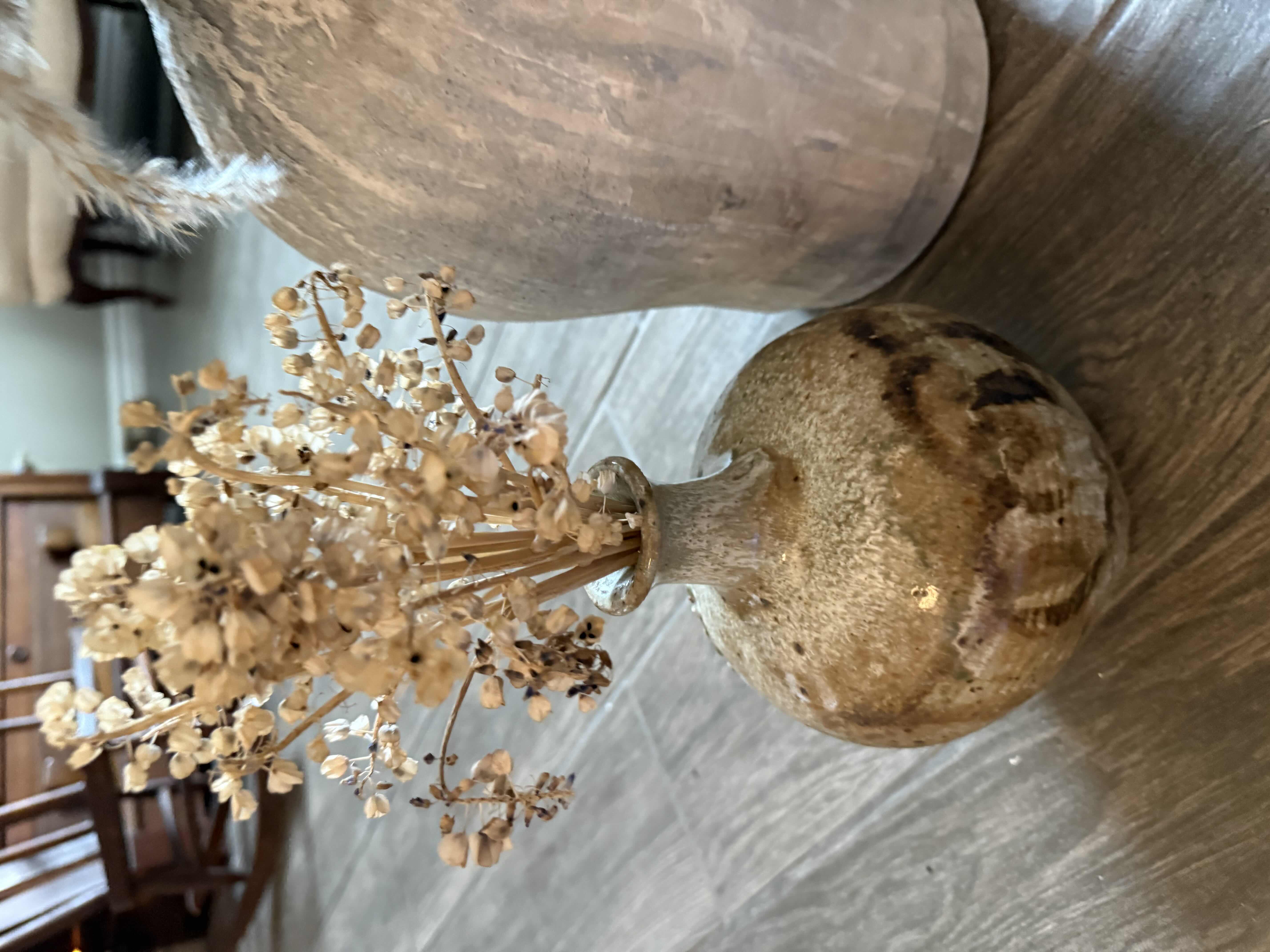 Photo 1 of 2-EARTH TONE CERAMIC VASES W FAUX FEATHERS & DRIIED FLOWERS