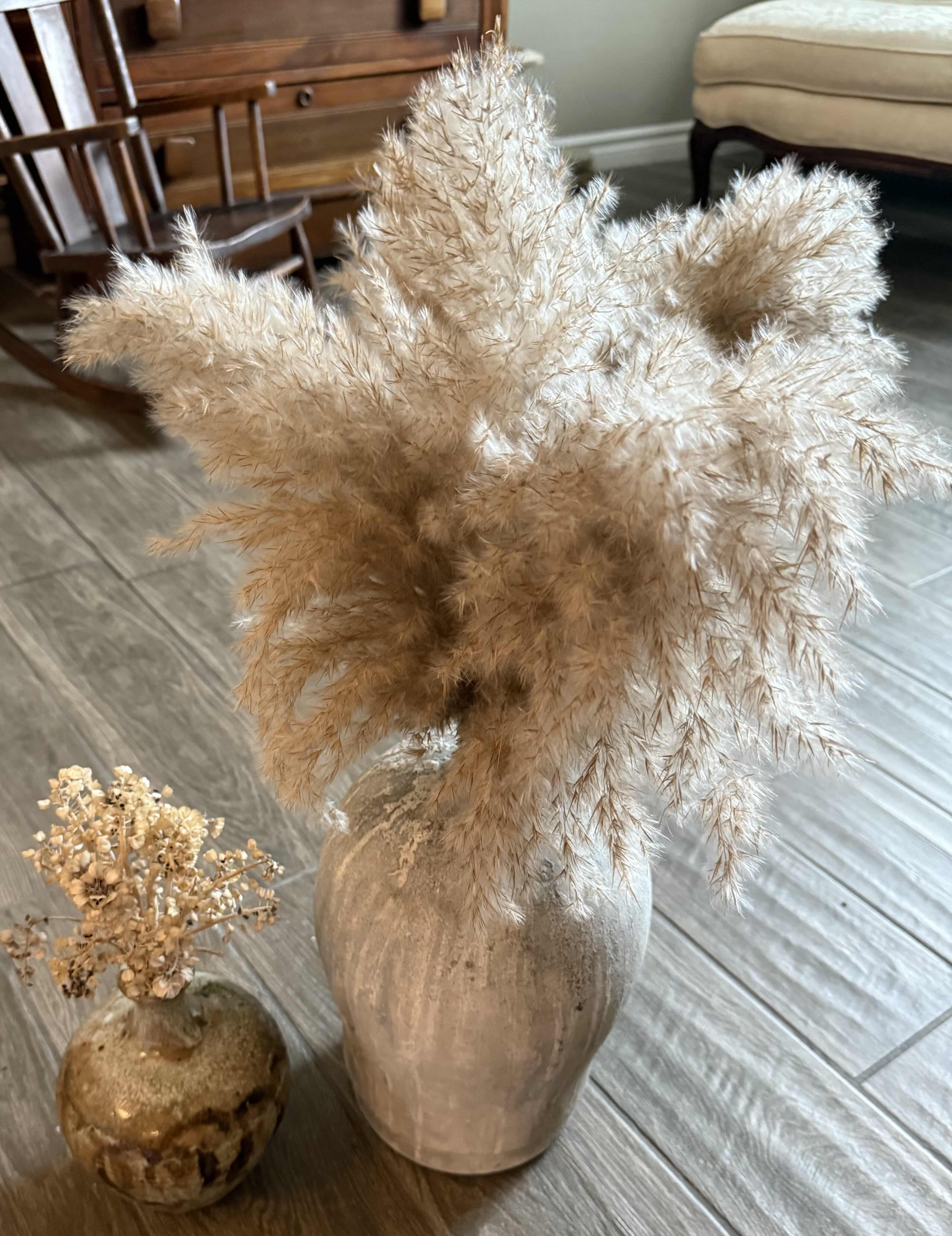 Photo 1 of 2-EARTH TONE CERAMIC VASES W FAUX FEATHERS & DRIIED FLOWERS