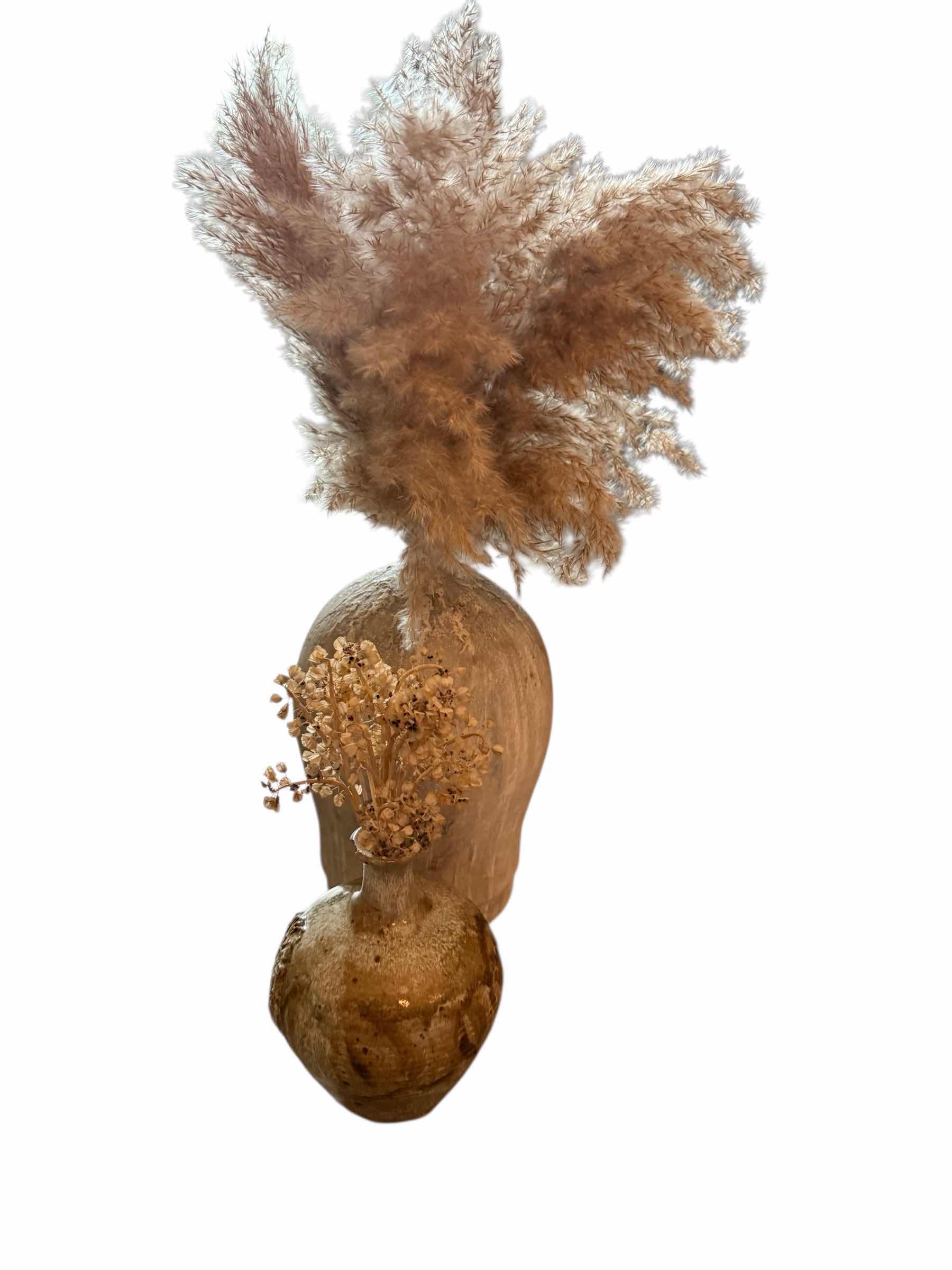 Photo 1 of 2-EARTH TONE CERAMIC VASES W FAUX FEATHERS & DRIIED FLOWERS