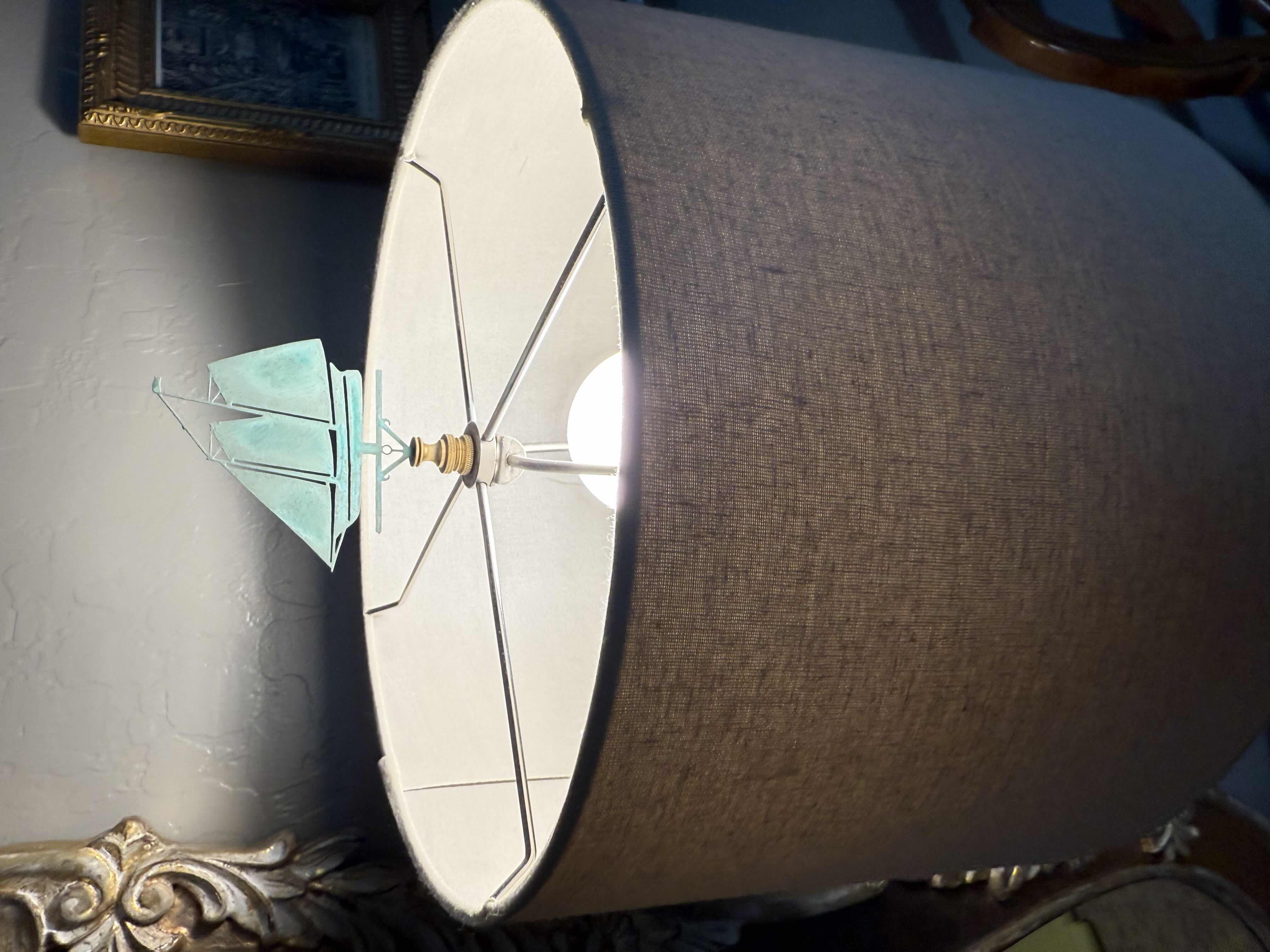 Photo 1 of HEAVY BRASS TABLE LAMP W SHADE & SAILBOAT TOP H34”