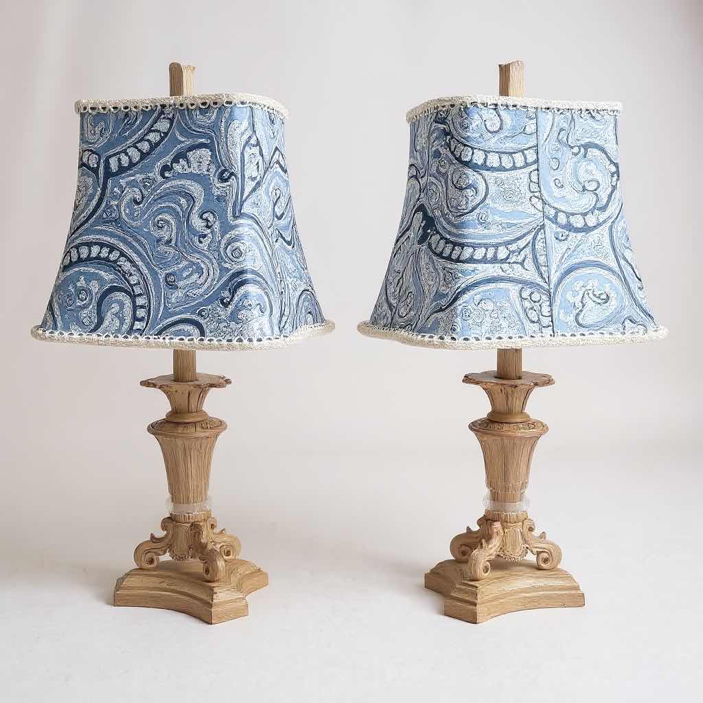 Photo 1 of 2-TABLE LAMPS W BLUE & WHITE FLORAL DESIGN SHADE & BLOWN GLASS/CERAMIC BASE H25”