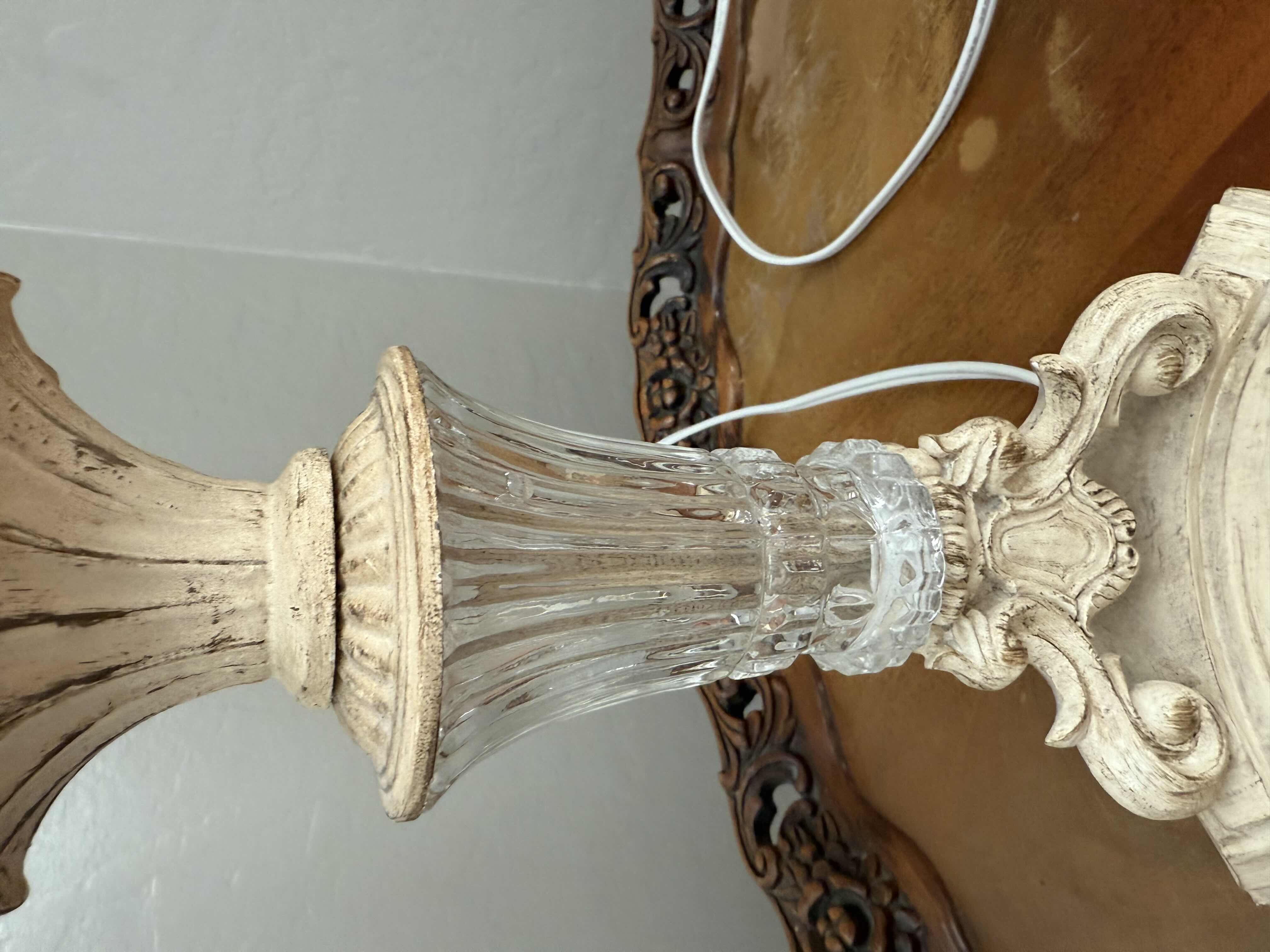 Photo 1 of 2-TABLE LAMPS W BLUE & WHITE FLORAL DESIGN SHADE & BLOWN GLASS/CERAMIC BASE H25”