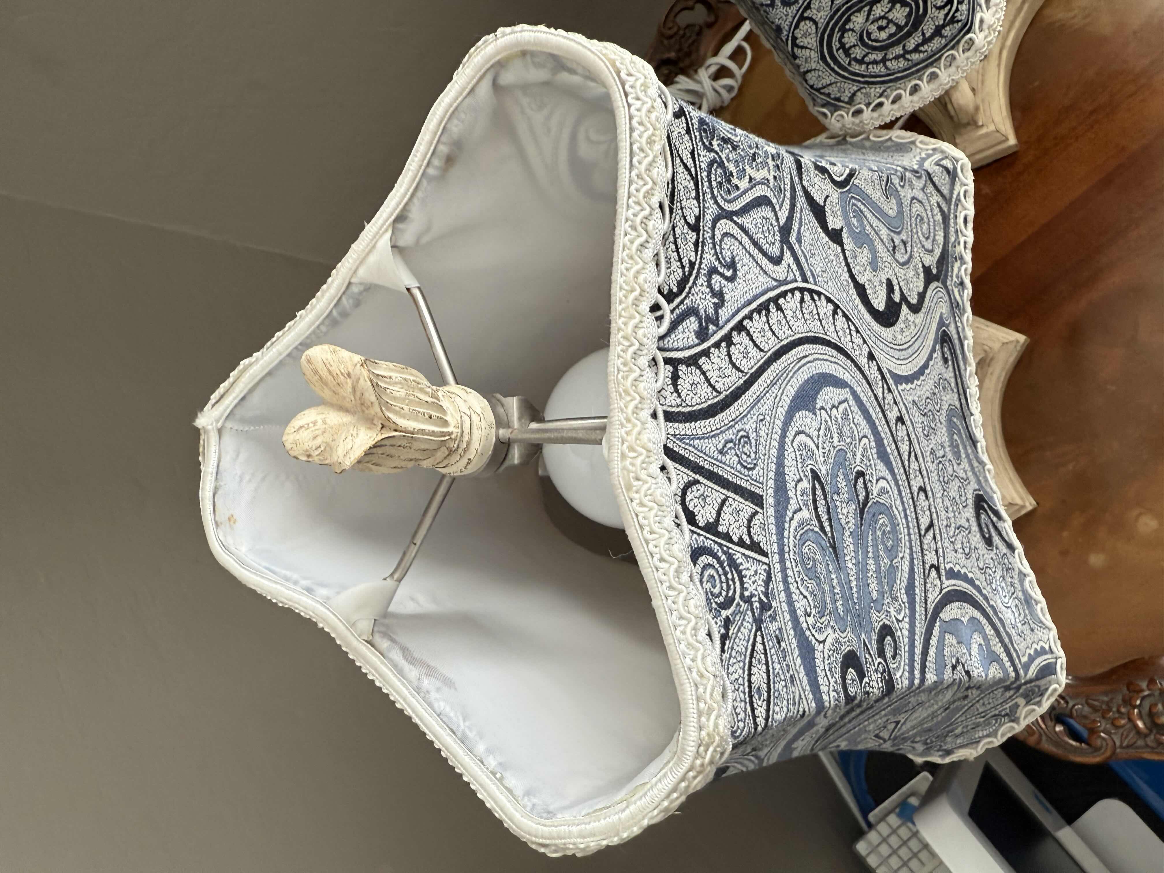 Photo 1 of 2-TABLE LAMPS W BLUE & WHITE FLORAL DESIGN SHADE & BLOWN GLASS/CERAMIC BASE H25”