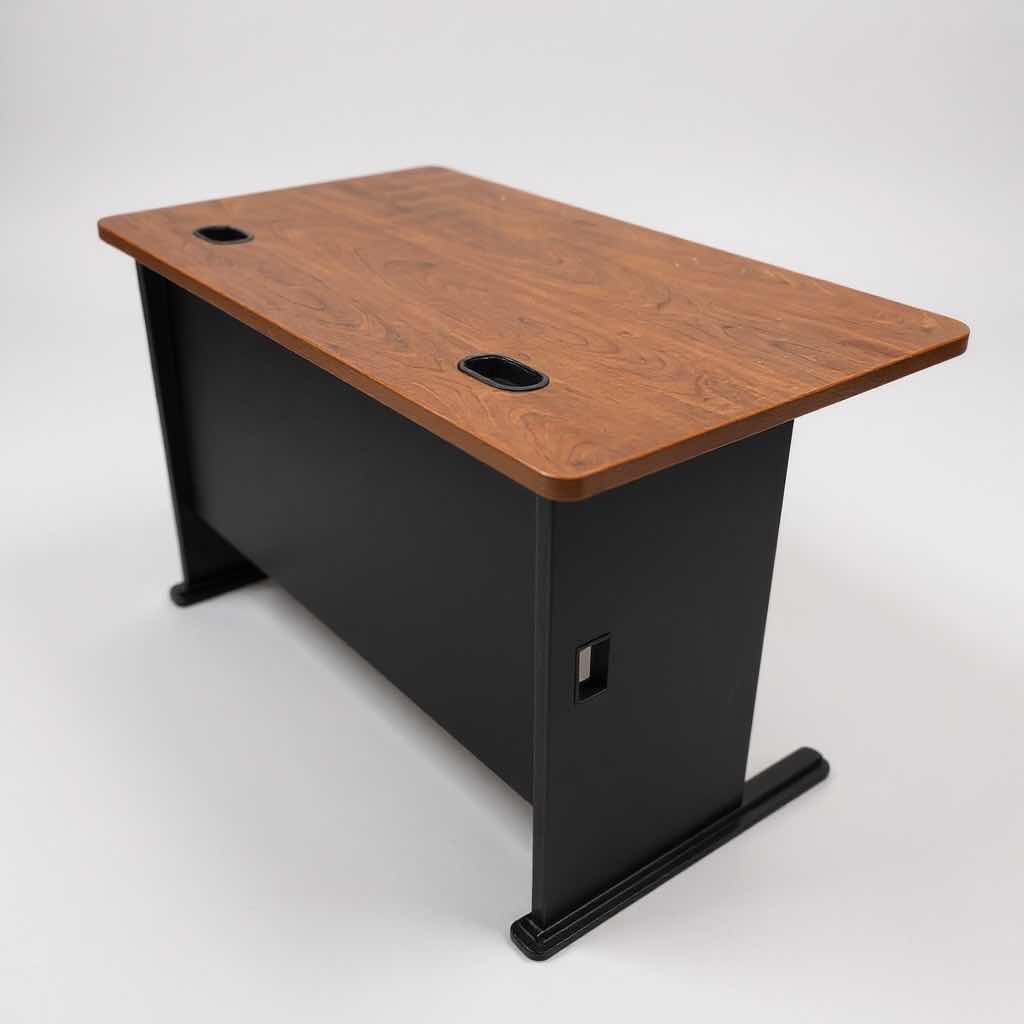 Photo 1 of CHERRY FINISH DESKTOP W DARK C SHAPED LEGS & WIRE MANAGEMENT GROMMETS 47" X 27" H 30"