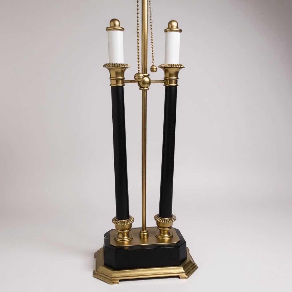 Photo 1 of VINTAGE DOUBLE CANDLESTICK BLACK & GOLD BRASS TABLE LAMP WITH SHADE H36”