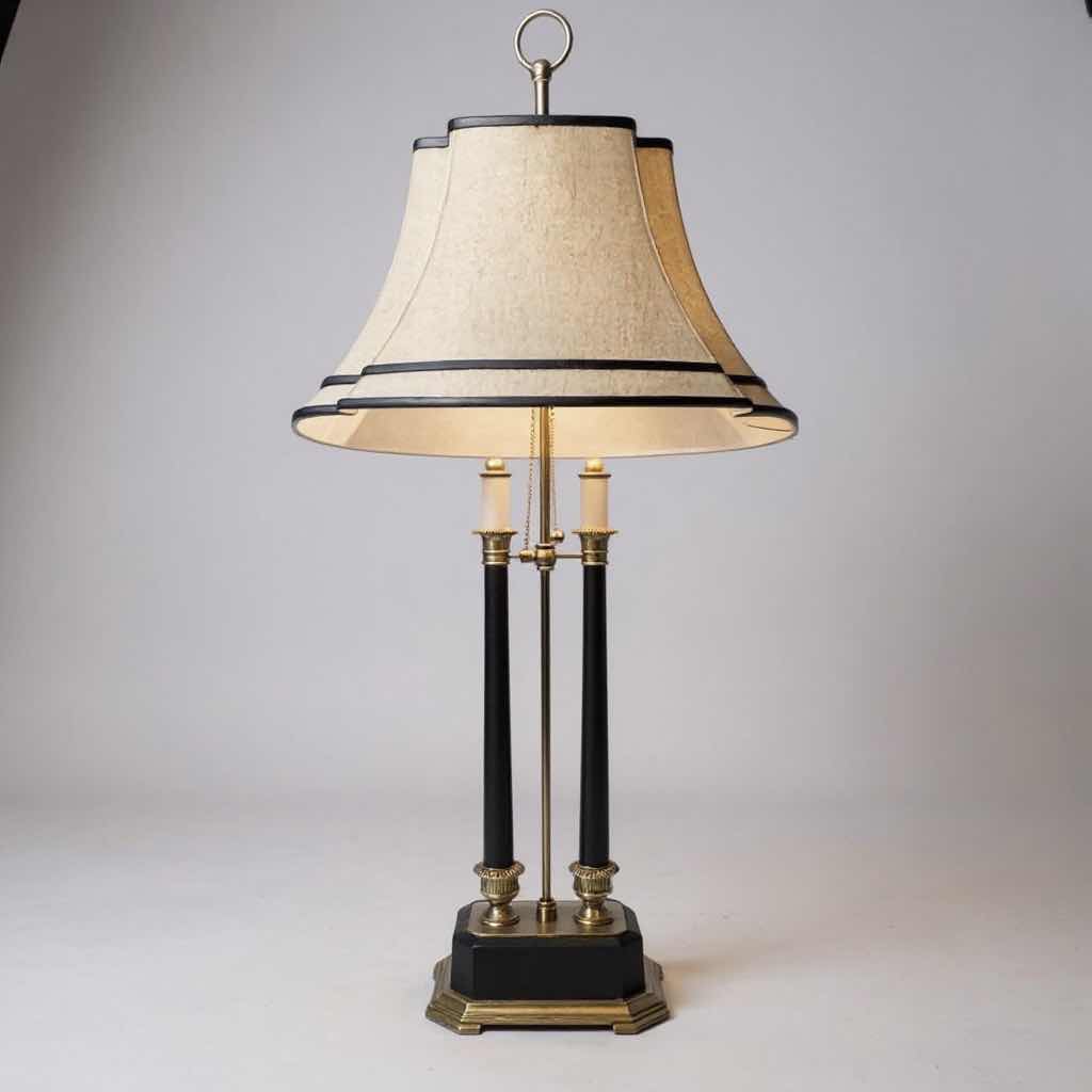Photo 1 of VINTAGE DOUBLE CANDLESTICK BLACK & GOLD BRASS TABLE LAMP WITH SHADE H36”