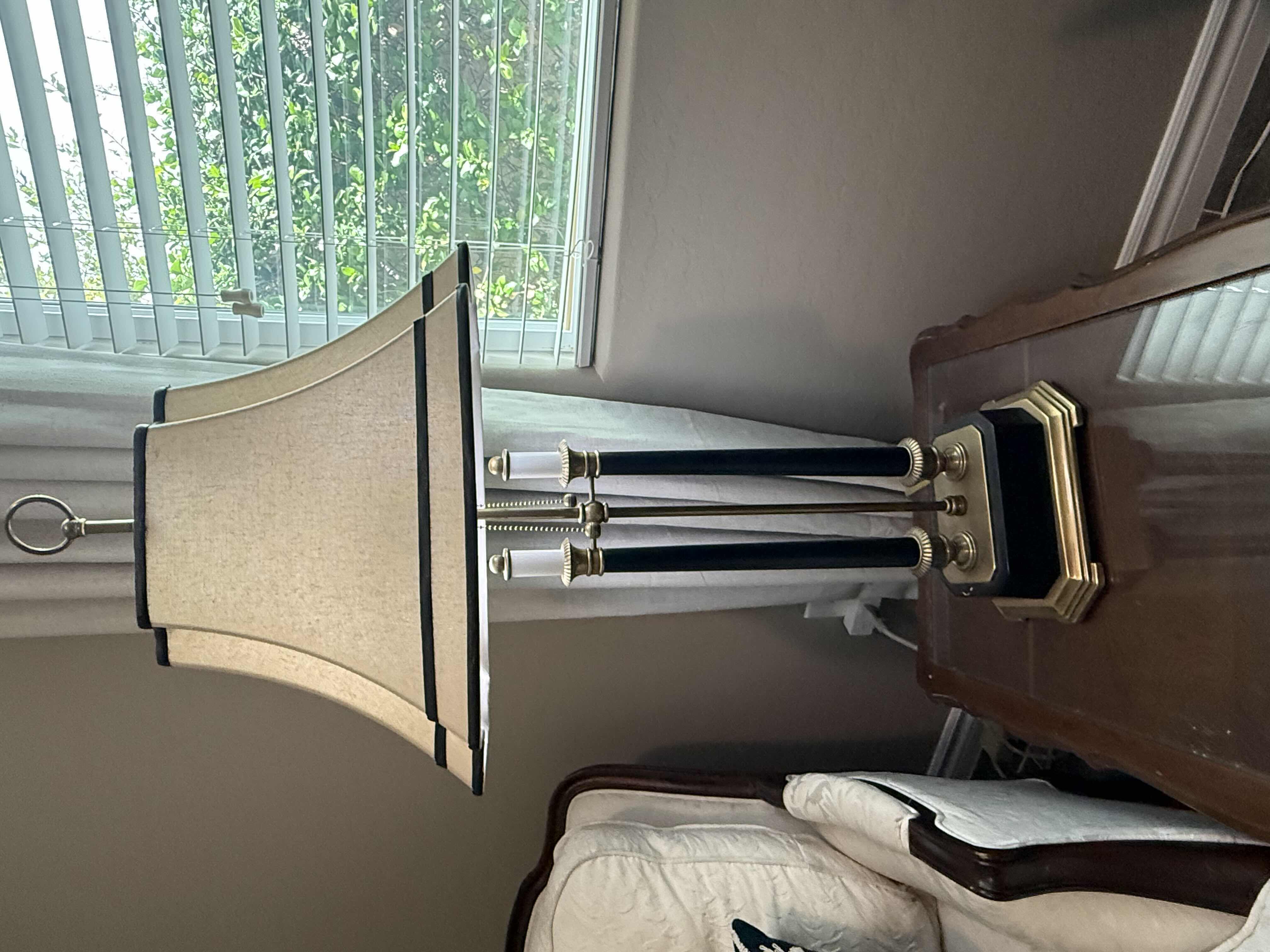 Photo 1 of VINTAGE DOUBLE CANDLESTICK BLACK & GOLD BRASS TABLE LAMP WITH SHADE H36”