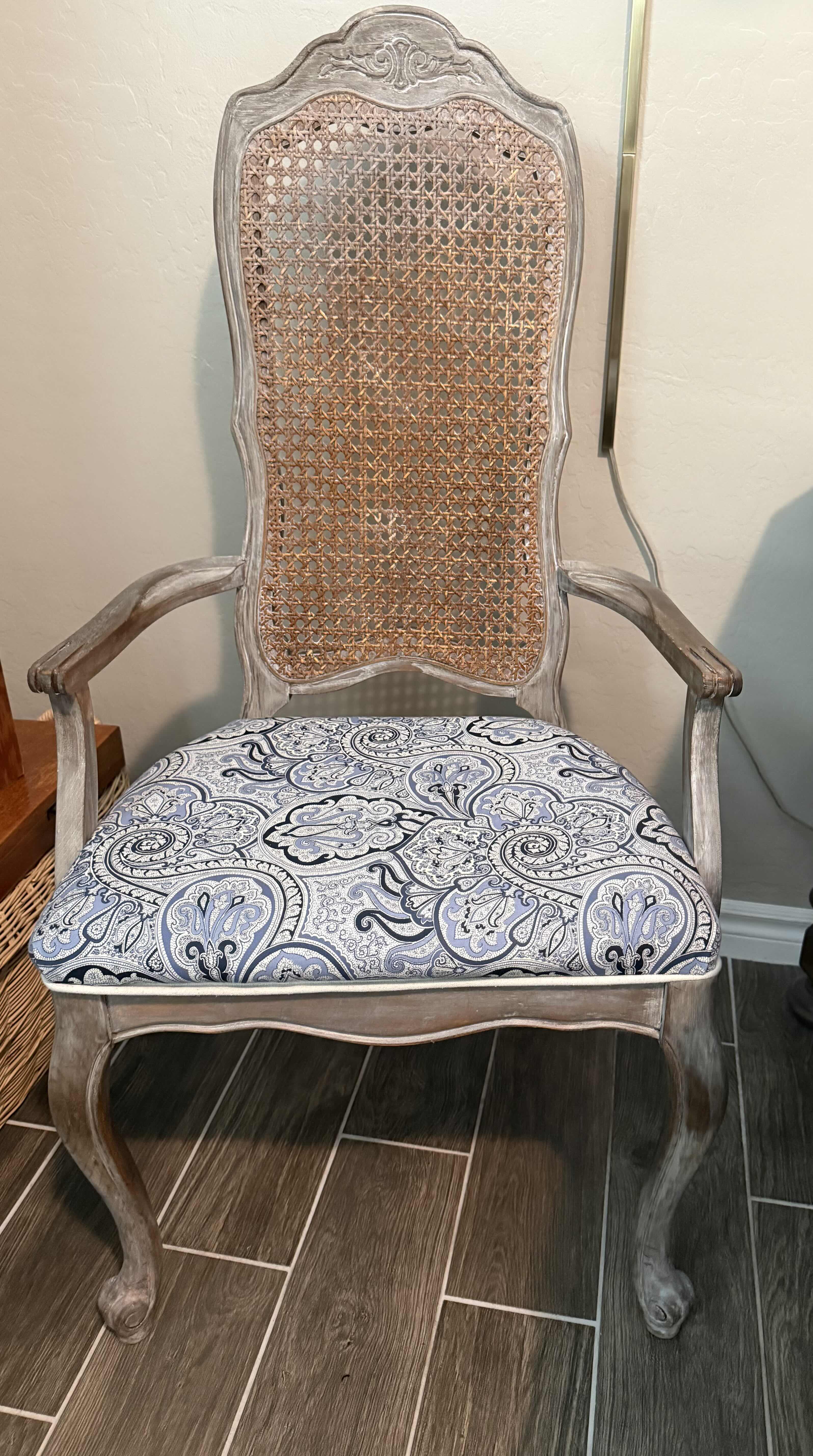 Photo 1 of CANE W WHITE WASHED WOOD HIGH BACK ARM CHAIR W PADDED SEAT