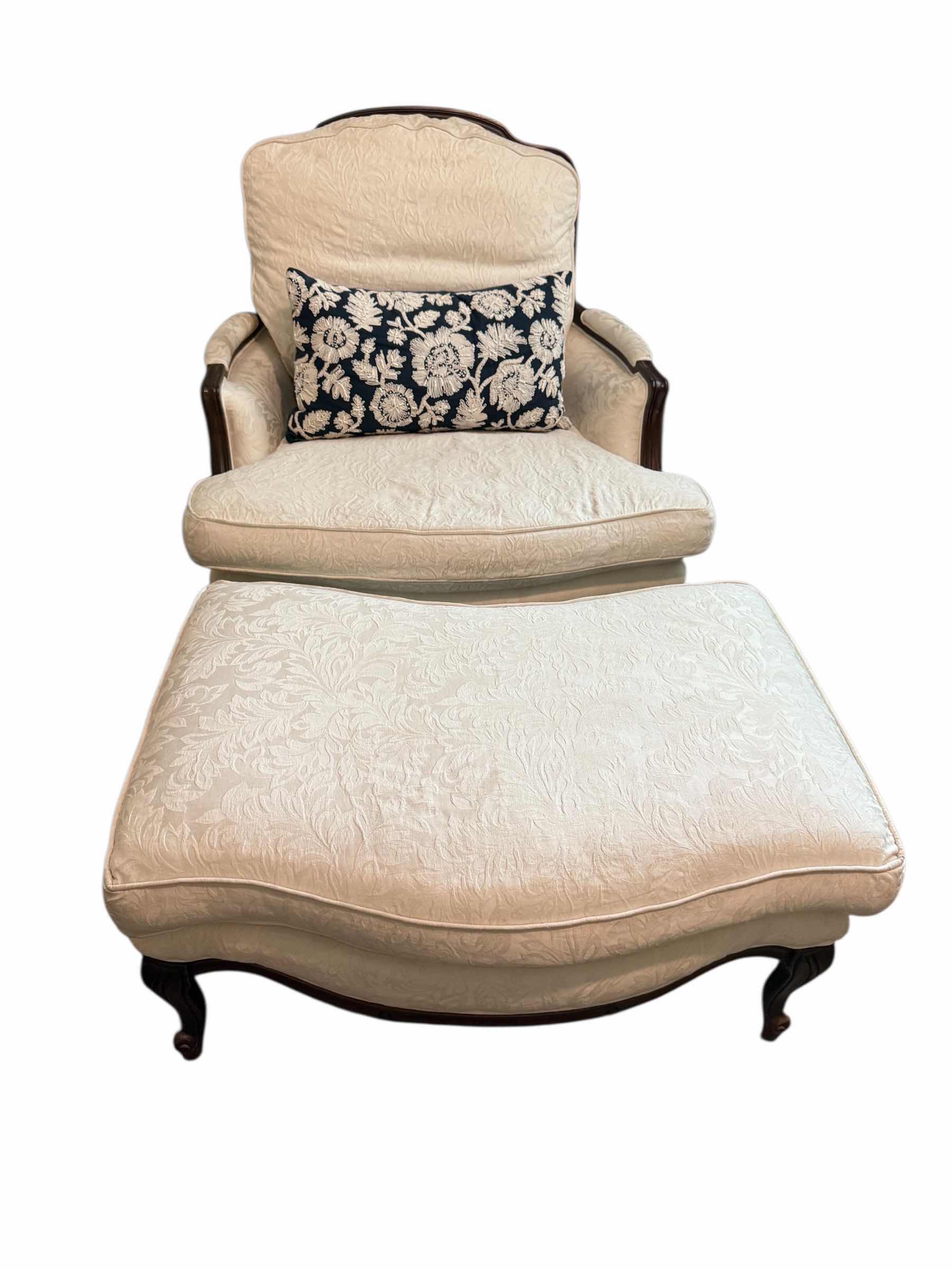 Photo 1 of ETHAN ALLEN VERSAILLES ARM CHAIR W OTTOMAN LIGHT DAMASK PATTERN UPHOLSTERY AND DARK WOOD TRIM W BLACK FLORAL ACCENT PILLOW