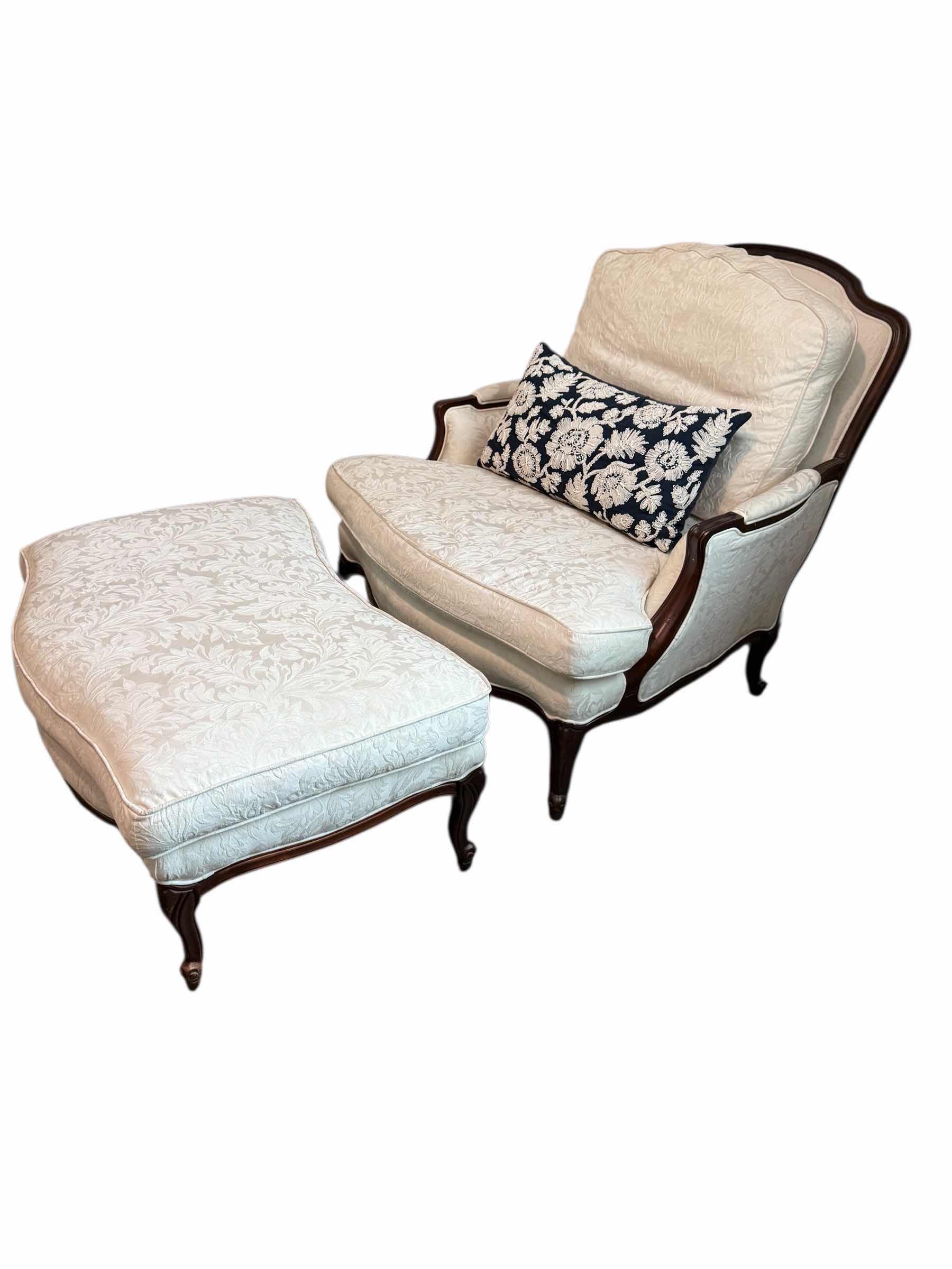 Photo 1 of ETHAN ALLEN VERSAILLES ARM CHAIR W OTTOMAN LIGHT DAMASK PATTERN UPHOLSTERY AND DARK WOOD TRIM W BLACK FLORAL ACCENT PILLOW