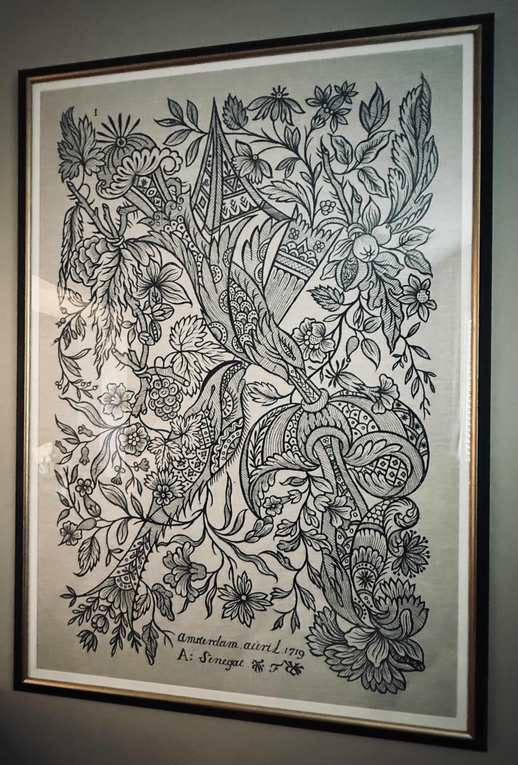 Photo 1 of BLACK FRAMED “DESIGN FOR TEXTILES ETCHING” ARTWORK BY ALEXANDER SENEGAT, DUTCH TEXTILE ARTIST 38”x58”