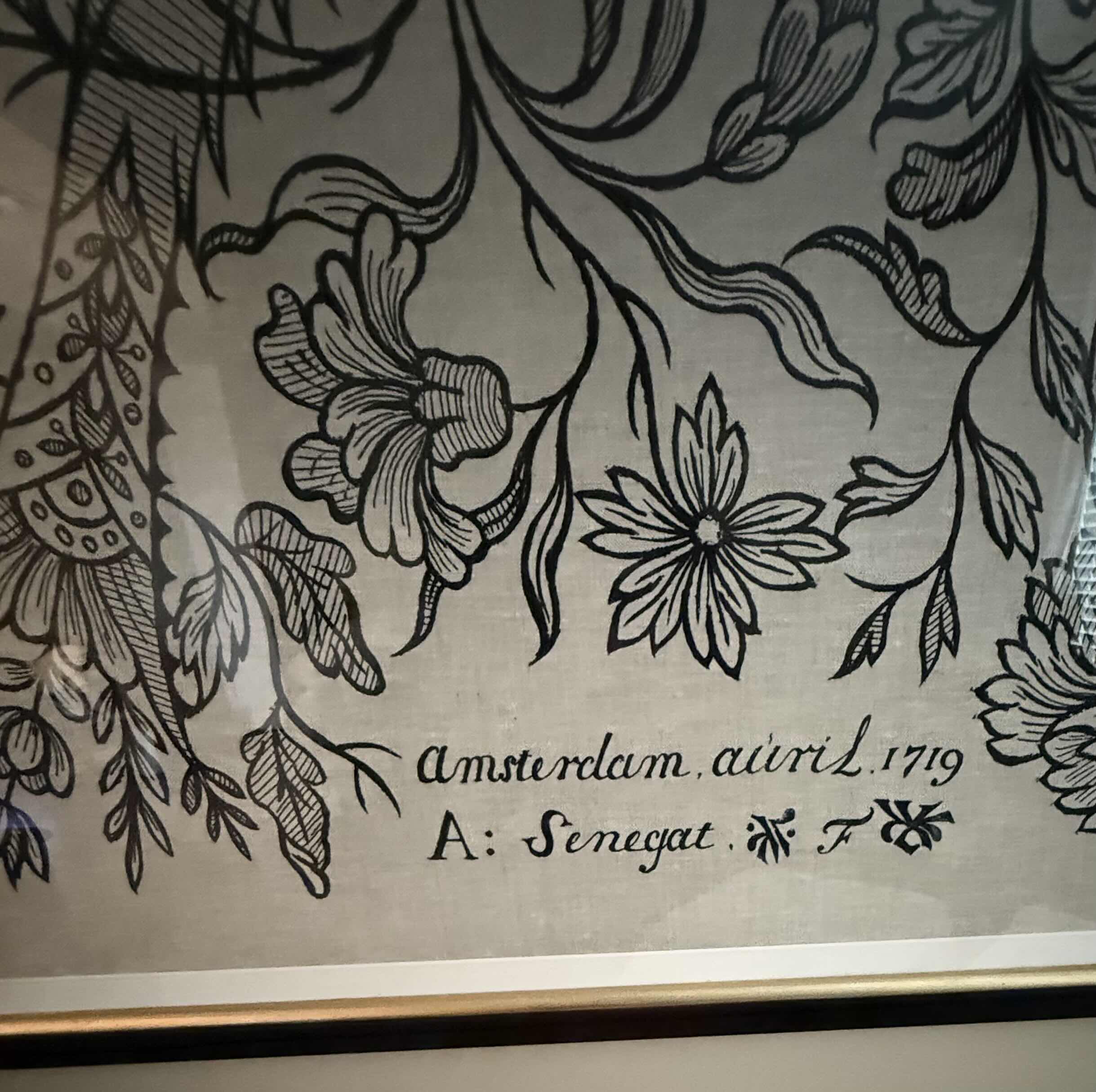 Photo 1 of BLACK FRAMED “DESIGN FOR TEXTILES ETCHING” ARTWORK BY ALEXANDER SENEGAT, DUTCH TEXTILE ARTIST 38”x58”