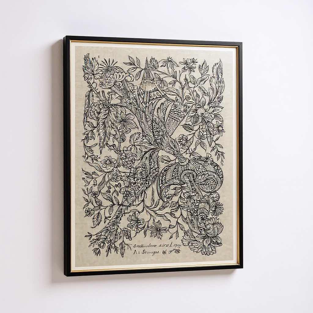 Photo 1 of BLACK FRAMED “DESIGN FOR TEXTILES ETCHING” ARTWORK BY ALEXANDER SENEGAT, DUTCH TEXTILE ARTIST 38”x58”