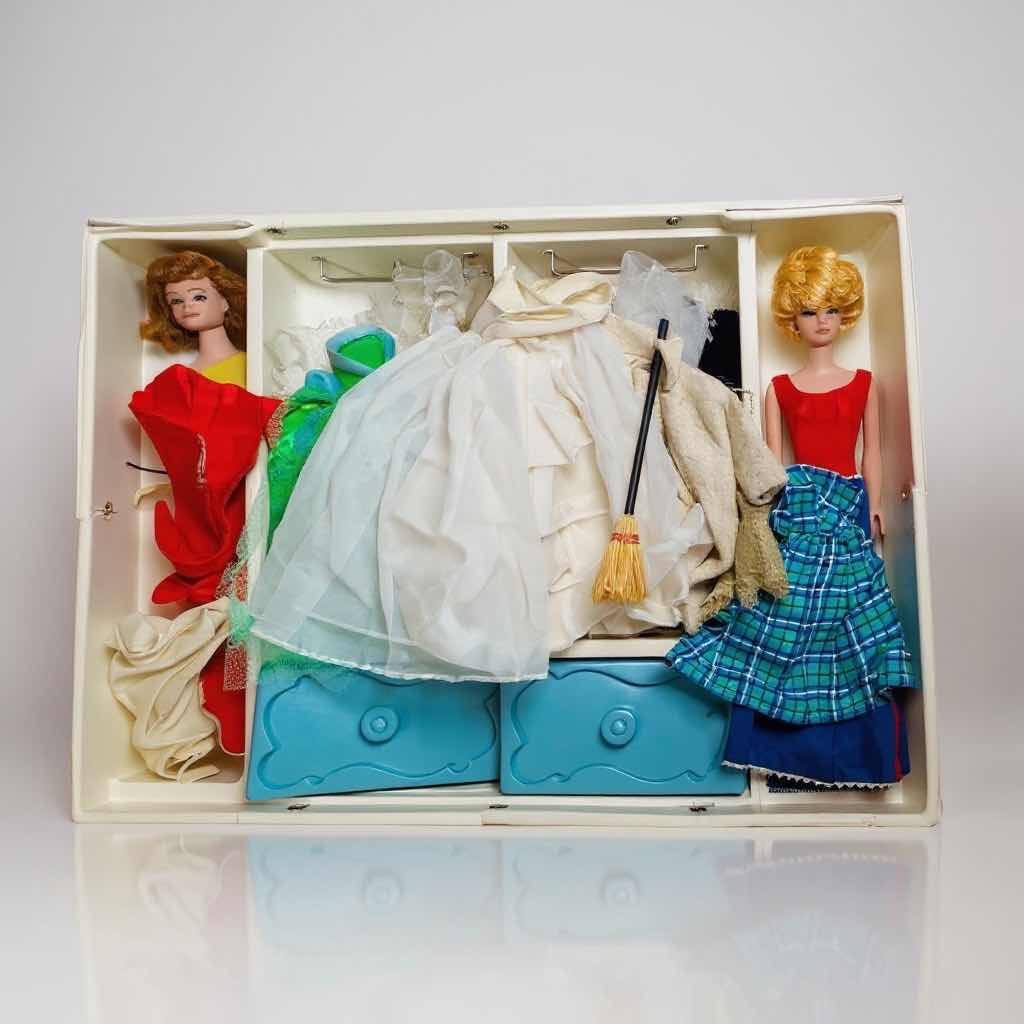 Photo 1 of VINTAGE BARBIE AND MIDGE CASE W 2 BARBIE DOLLS & ACCESSORIES, VINTAGE 1950’S GE SOFT BONNET HAIR DRYER CASE W 2 DOLLS & ACCESSORIES